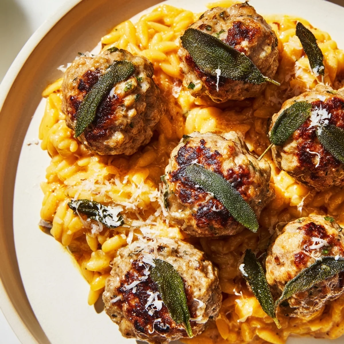 A close-up view of flavorful sage turkey meatballs combined with vibrant pumpkin orzo.