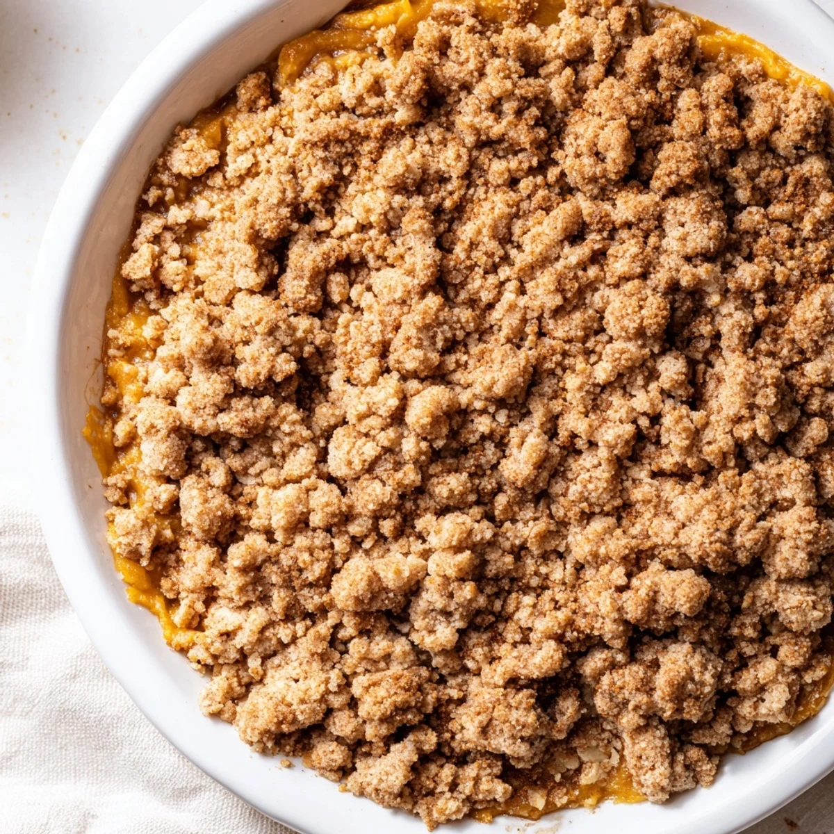 A close-up of warm, bubbly Pumpkin Crisp, inviting you to imagine its spiced aroma and flavor.