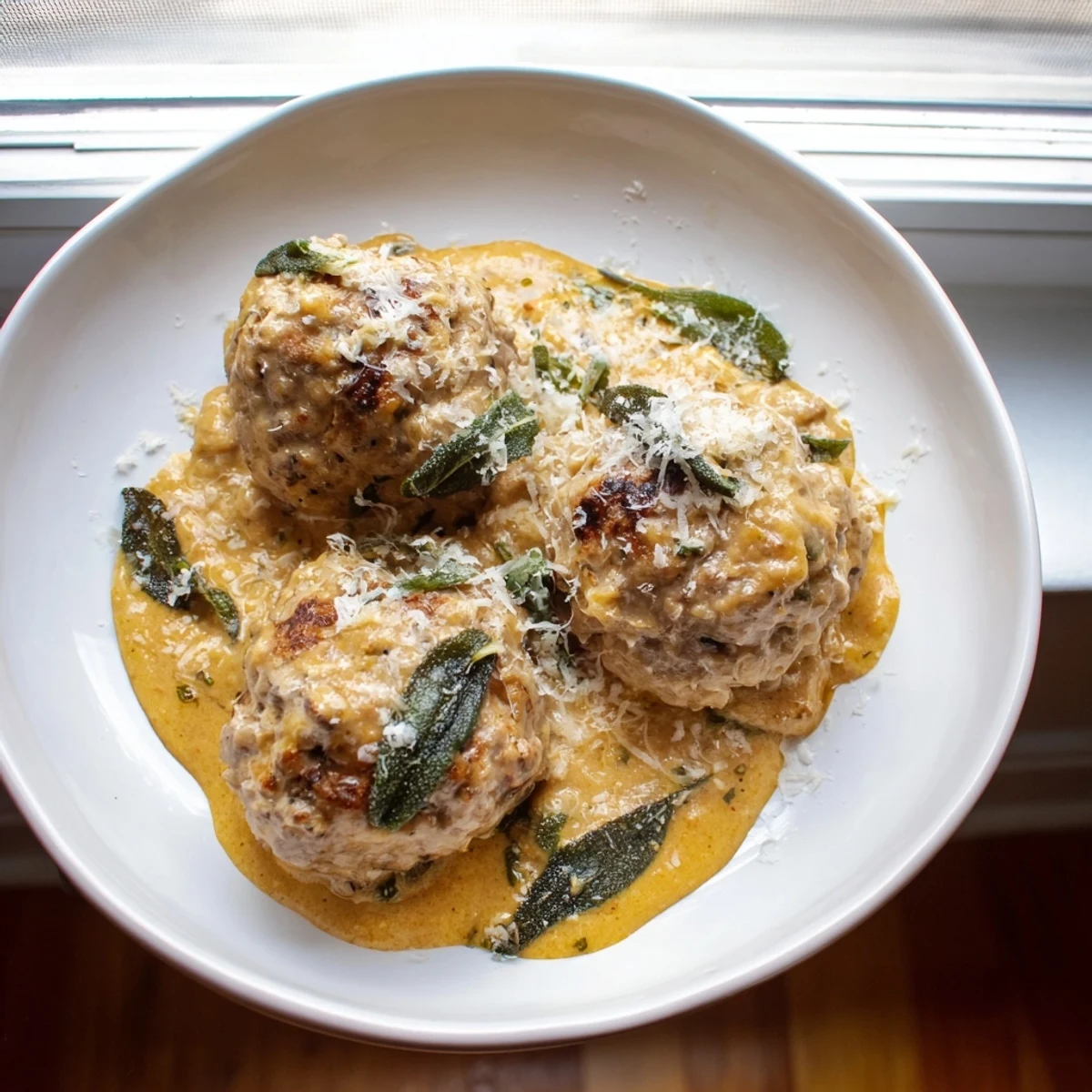 Steaming Turkey Meatballs with Pumpkin Sage Sauce, rich and creamy, ready for serving over pasta.