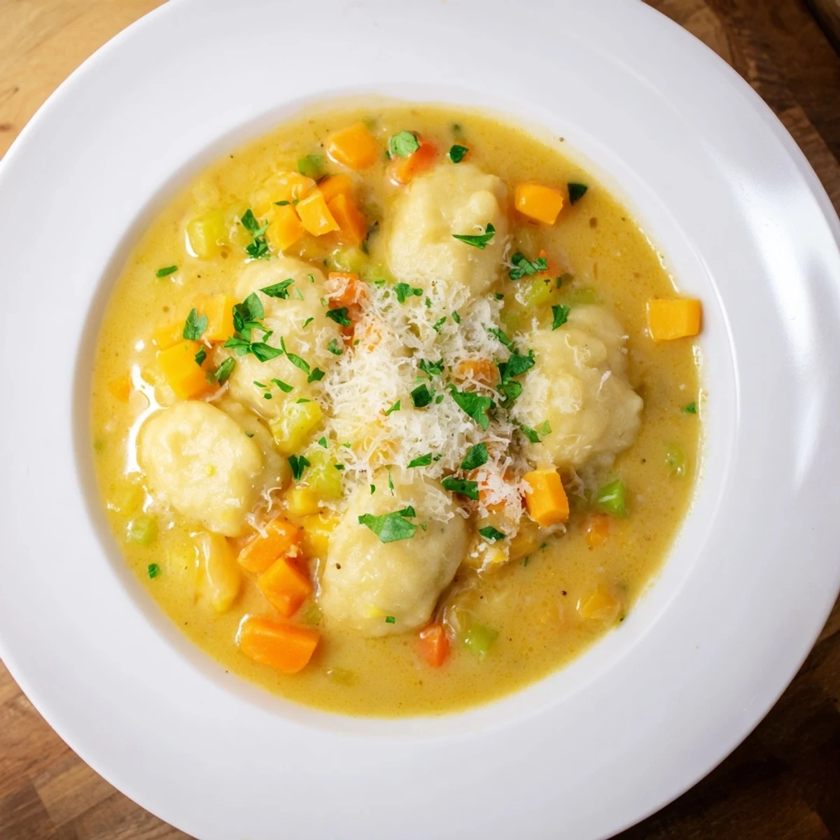 Steaming bowl filled with savory butternut squash gnocchi soup, garnished with fresh parsley and Parmesan.