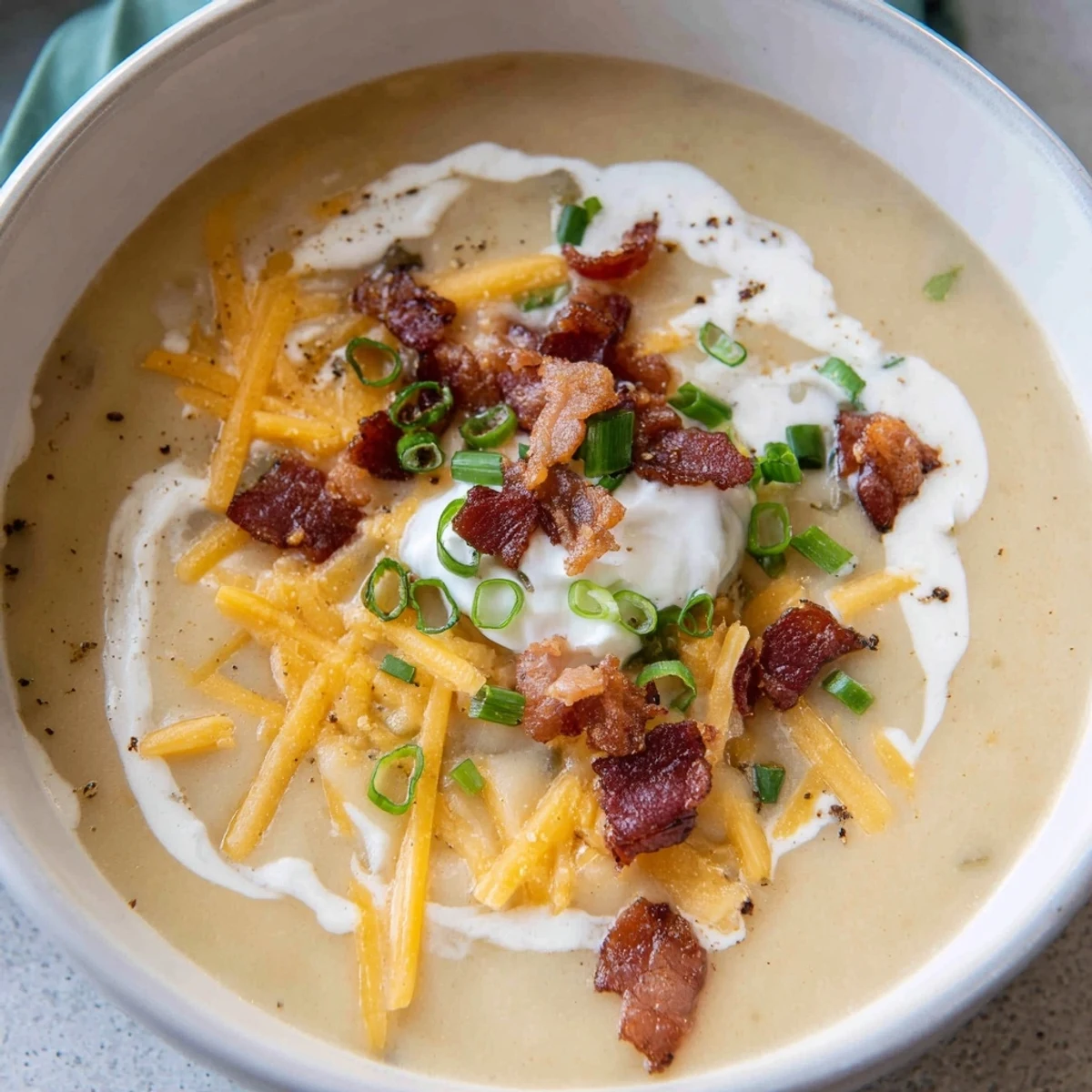 Hot Crockpot Loaded Baked Potato Soup, creamy and rich, ready to serve with bacon and cheese.