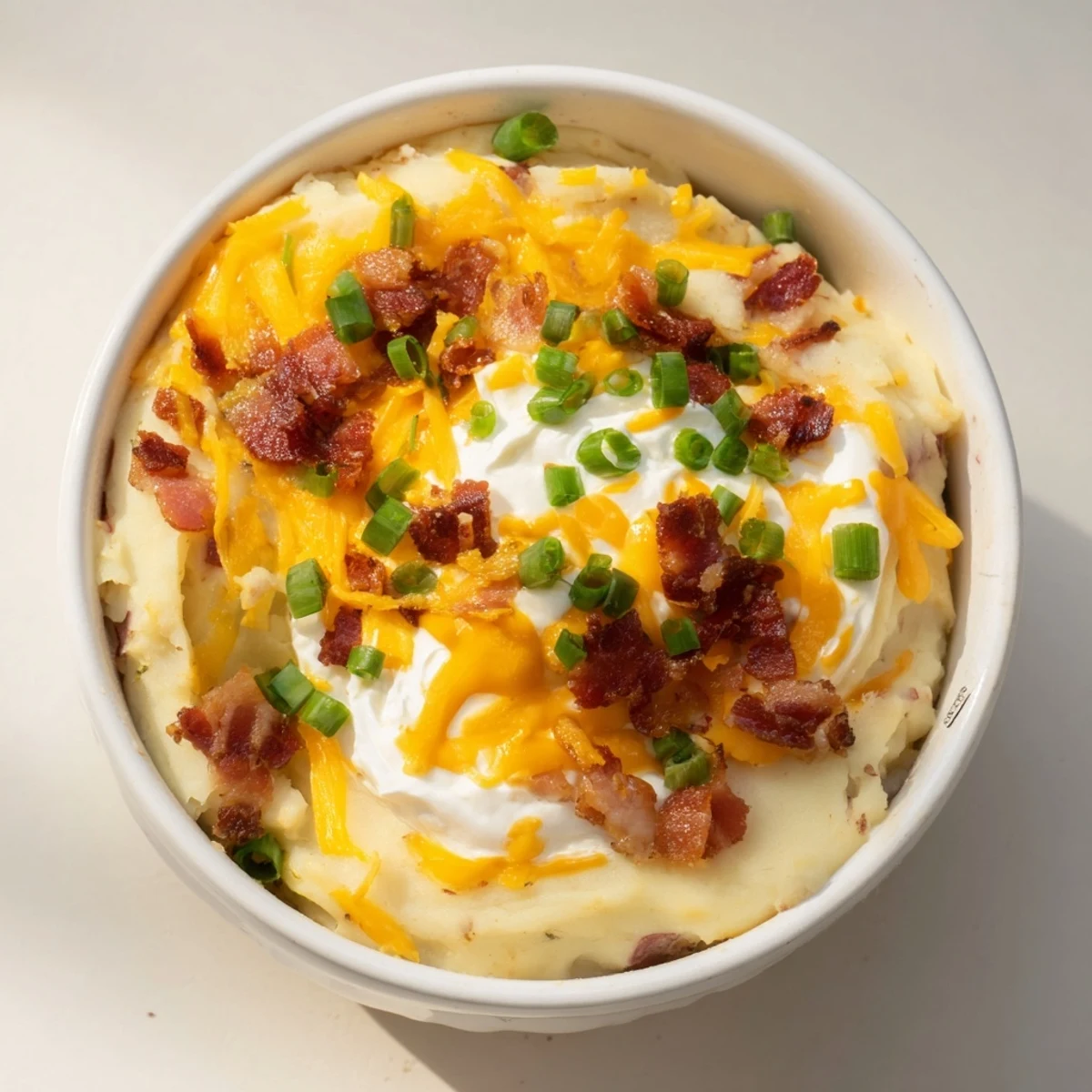 A steaming bowl of Crockpot Loaded Baked Potato Soup, garnished with green onions and crumbled bacon, perfect for a chilly day.