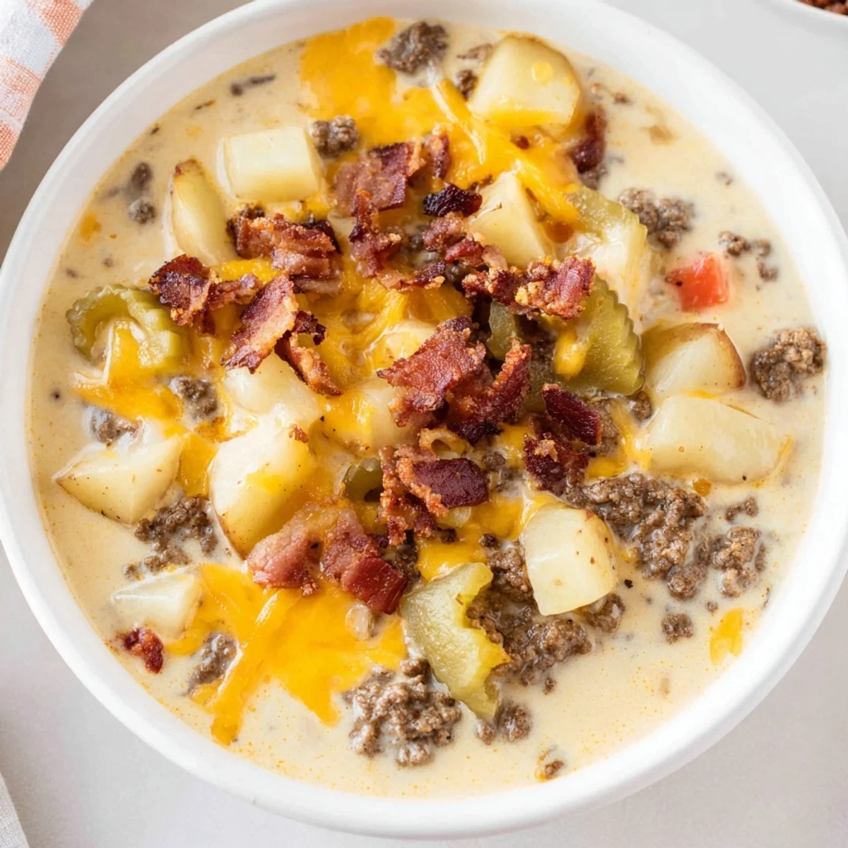 Crockpot Cheeseburger Soup overflowing a bowl, savory beef and cheddar cheese bubbling, ready to enjoy.