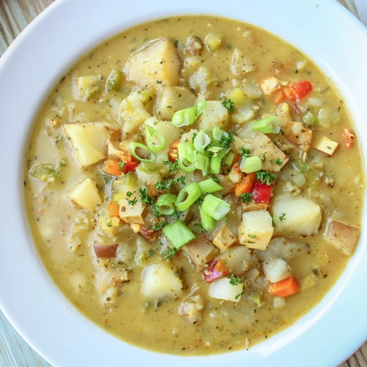 A creamy bowl of slow cooker Cajun potato soup, garnished with fresh herbs, is ready to eat.