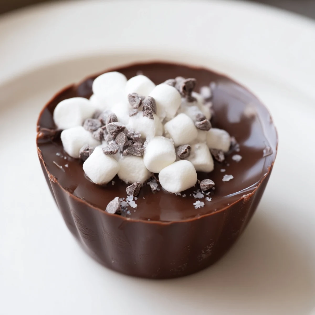 Molten semi-sweet chocolate cups brimming with hot cocoa mix and mini marshmallows create a fun hot cocoa bomb.