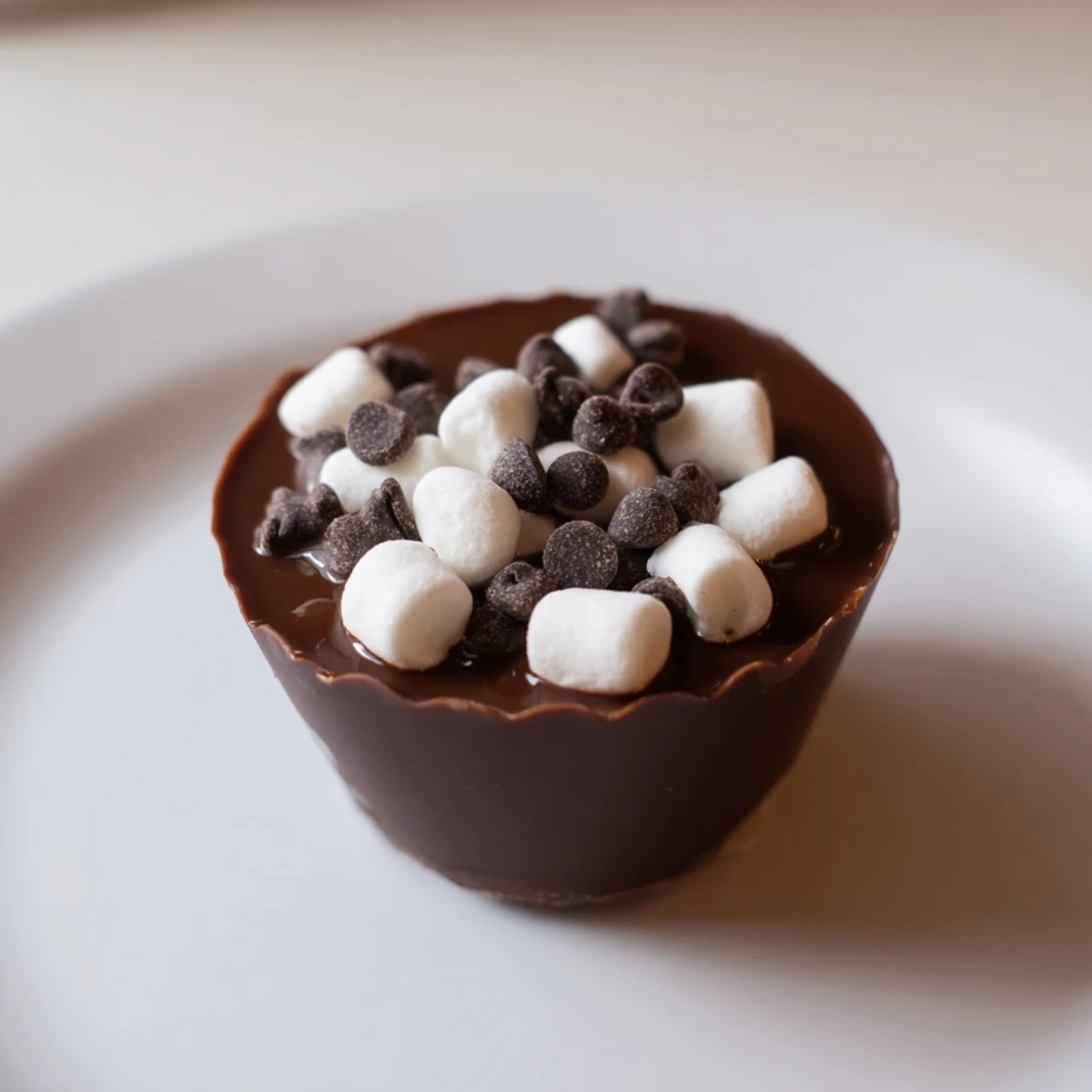 A delicious, handmade hot cocoa bomb in a paper cup, ready to melt in hot milk for cozy enjoyment.