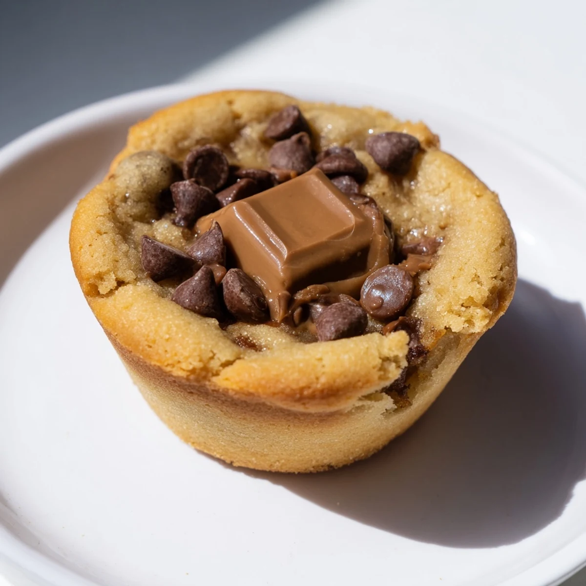 Perfectly baked Air Fryer Gooey Cookie Cups, revealing a soft, gooey center and loads of chocolate chips.