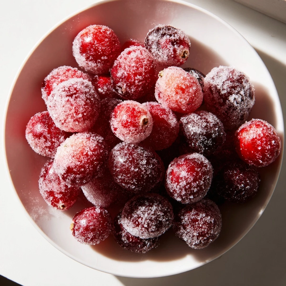 Close-up of glistening, sugared 5-Minute Express Candied Cranberries, ready to be enjoyed as a festive treat.