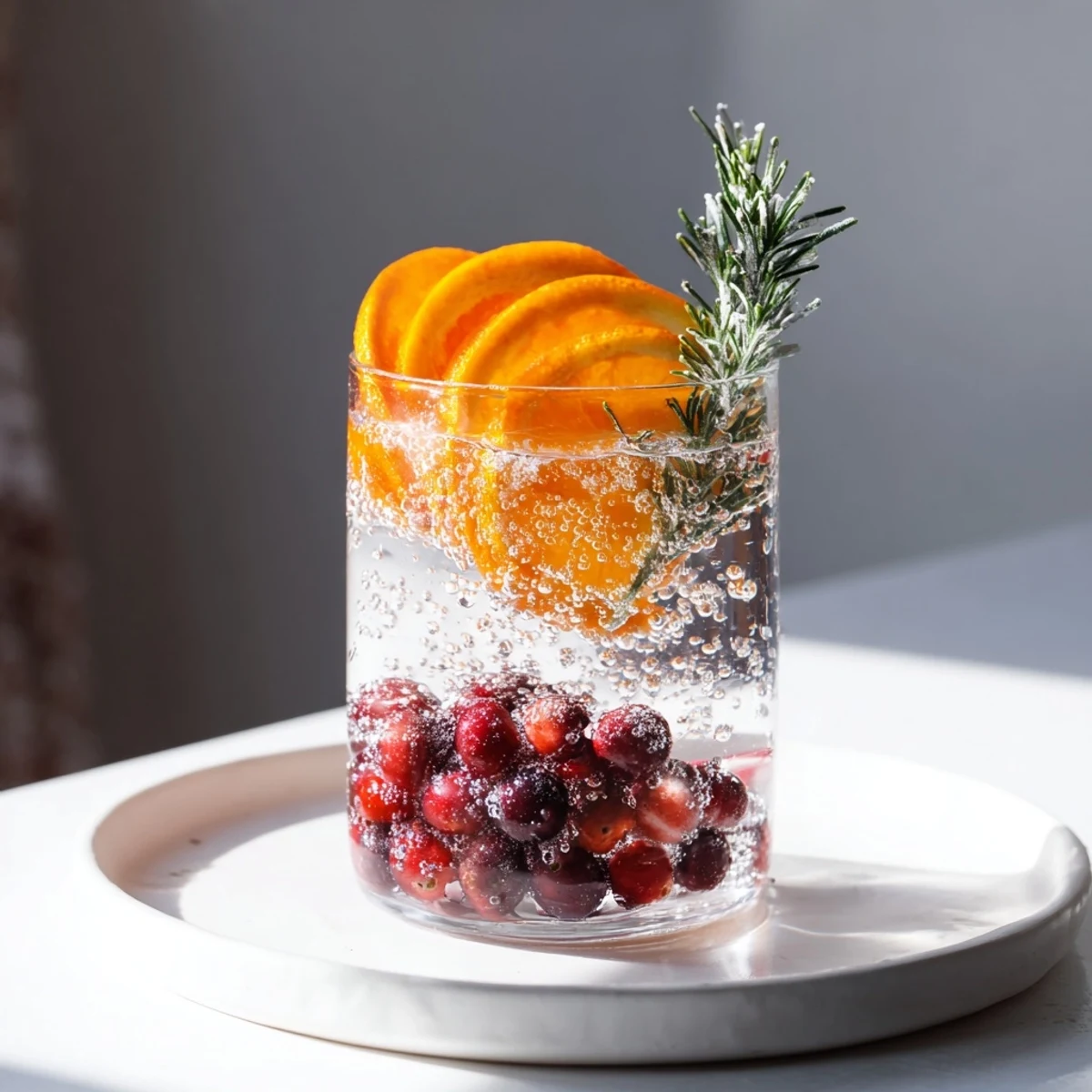 Snow Globe Mocktail shimmering; frozen cranberries float in a festive holiday drink, ready to be enjoyed.