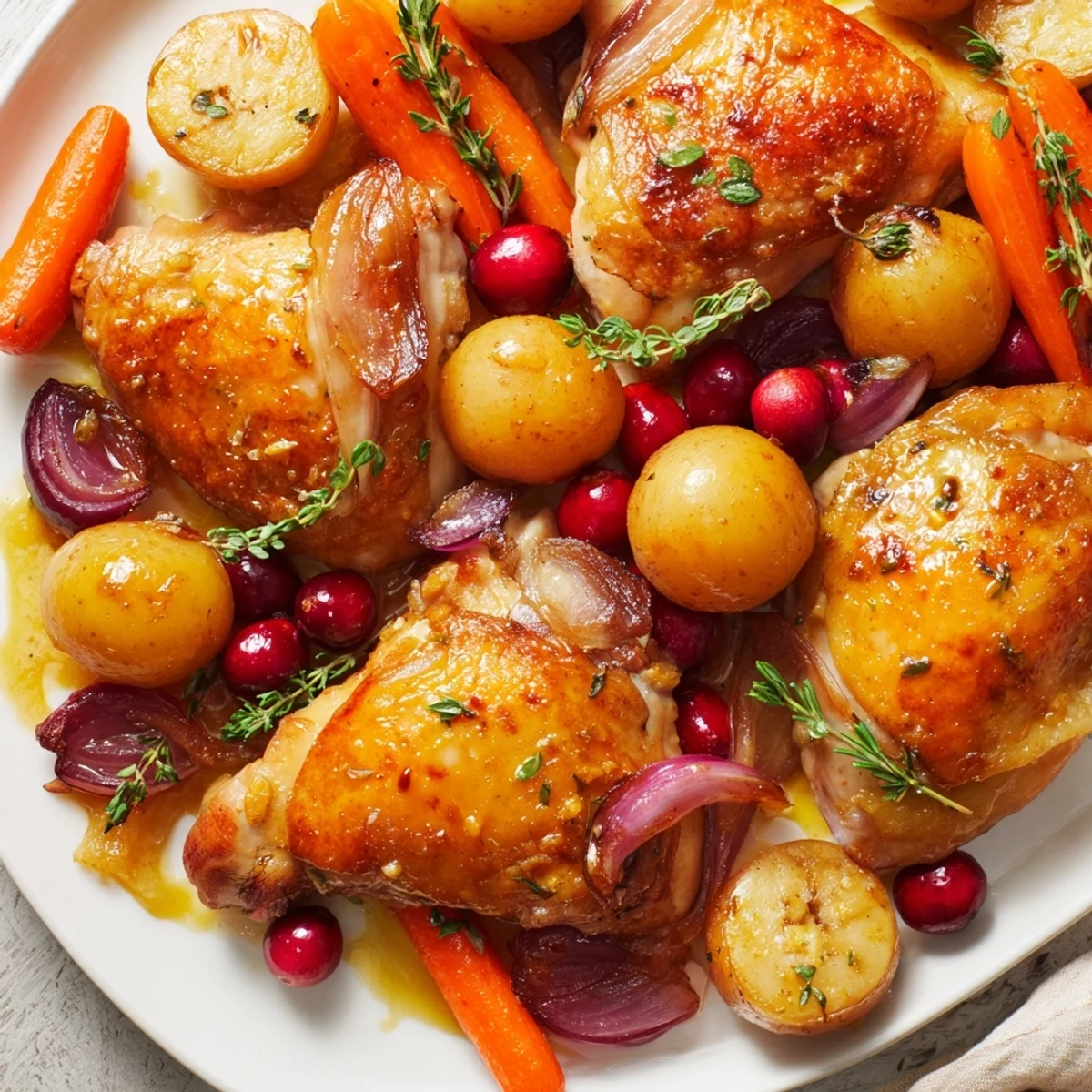 Golden-brown One-Pan Olive Oil Roast Chicken, tender vegetables, and tart cranberries look delicious.