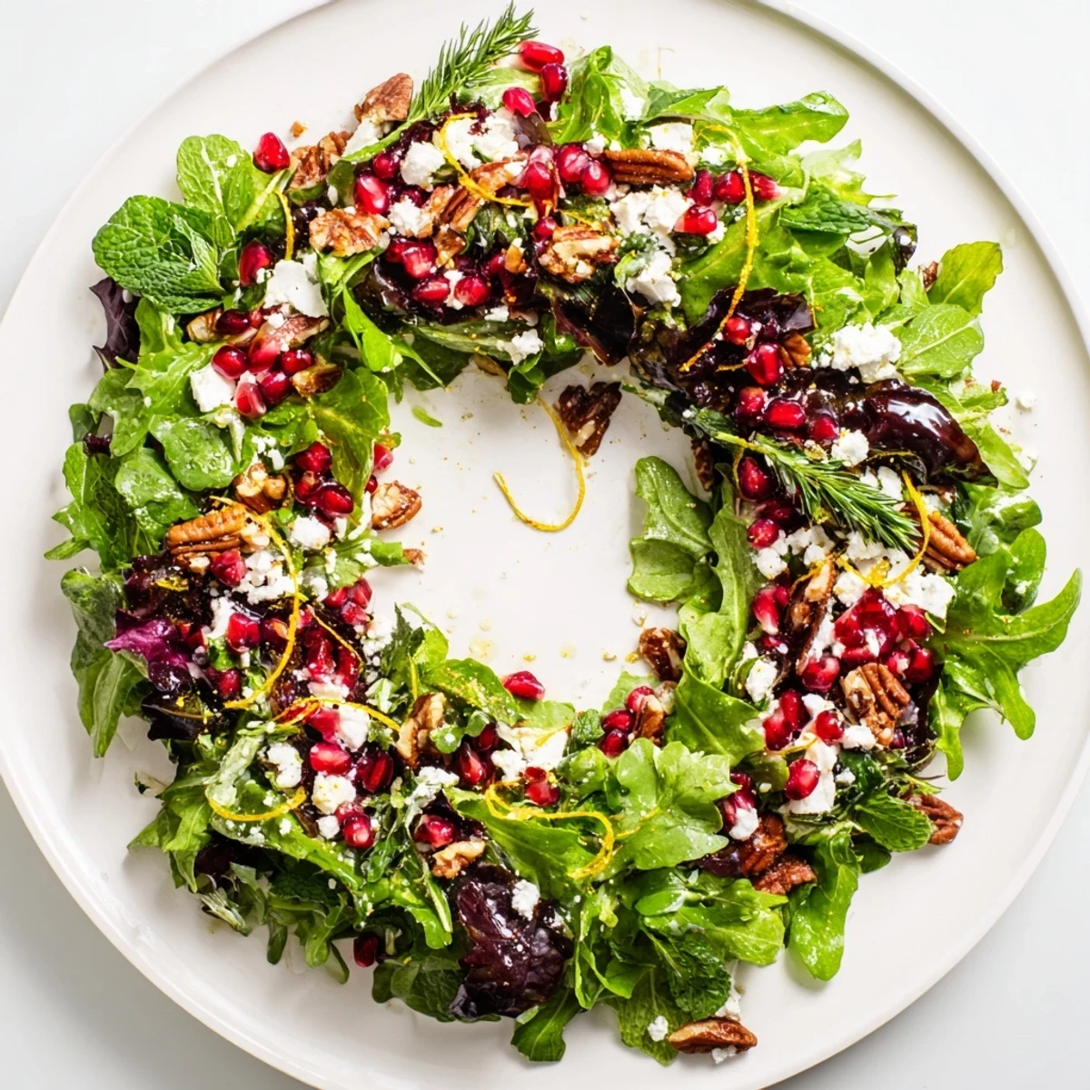 Vibrant Pomegranate Feta Wreath Salad with ruby-red pomegranate seeds and creamy feta, ready to serve.