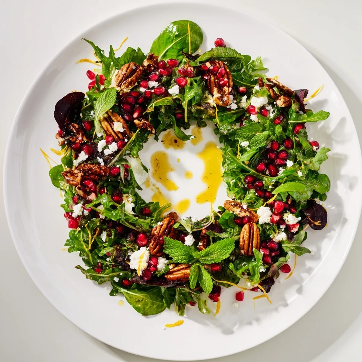 Close-up of a delicious Pomegranate Feta Wreath Salad, showcasing fresh ingredients and tantalizing flavors.