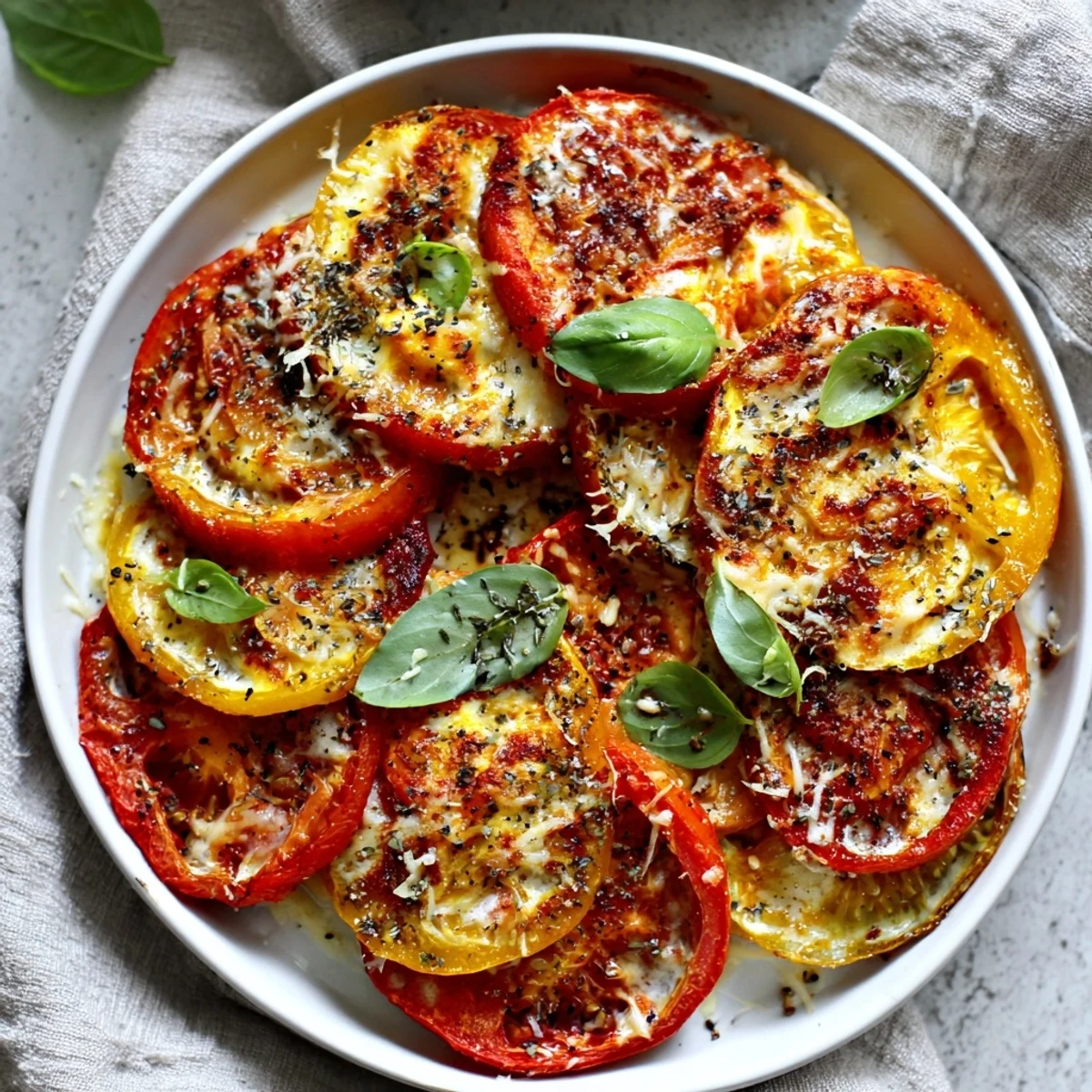 Golden, bubbly Speedy Feta-Free Tomato Bake topped with fresh basil, ready to serve with crusty bread.