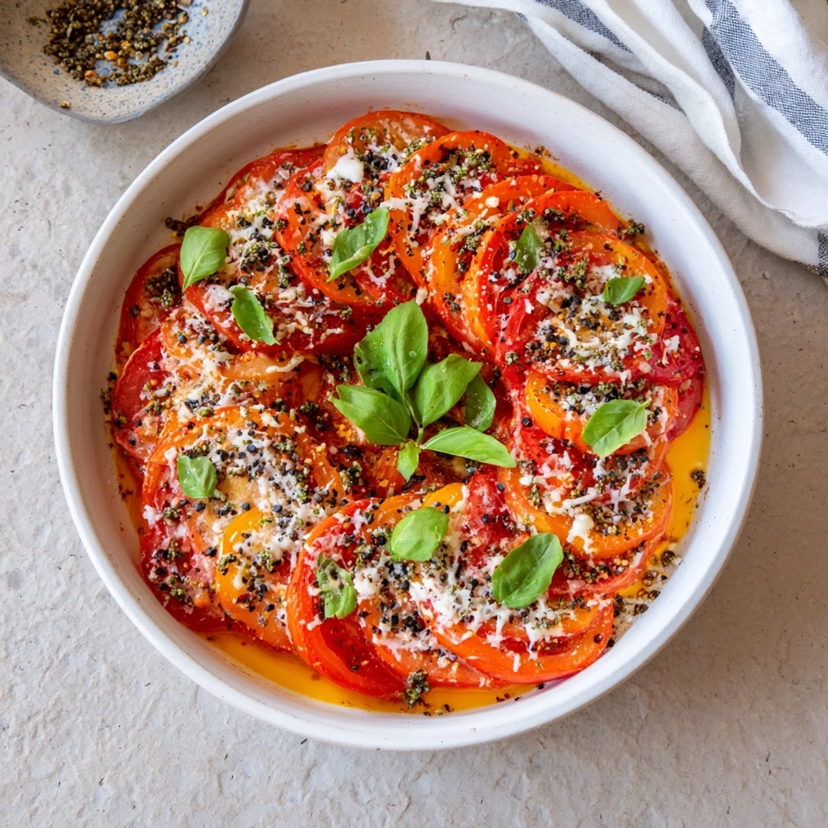 Melted mozzarella blankets the vibrant Speedy Feta-Free Tomato Bake, bursting with summer flavors and herbs.
