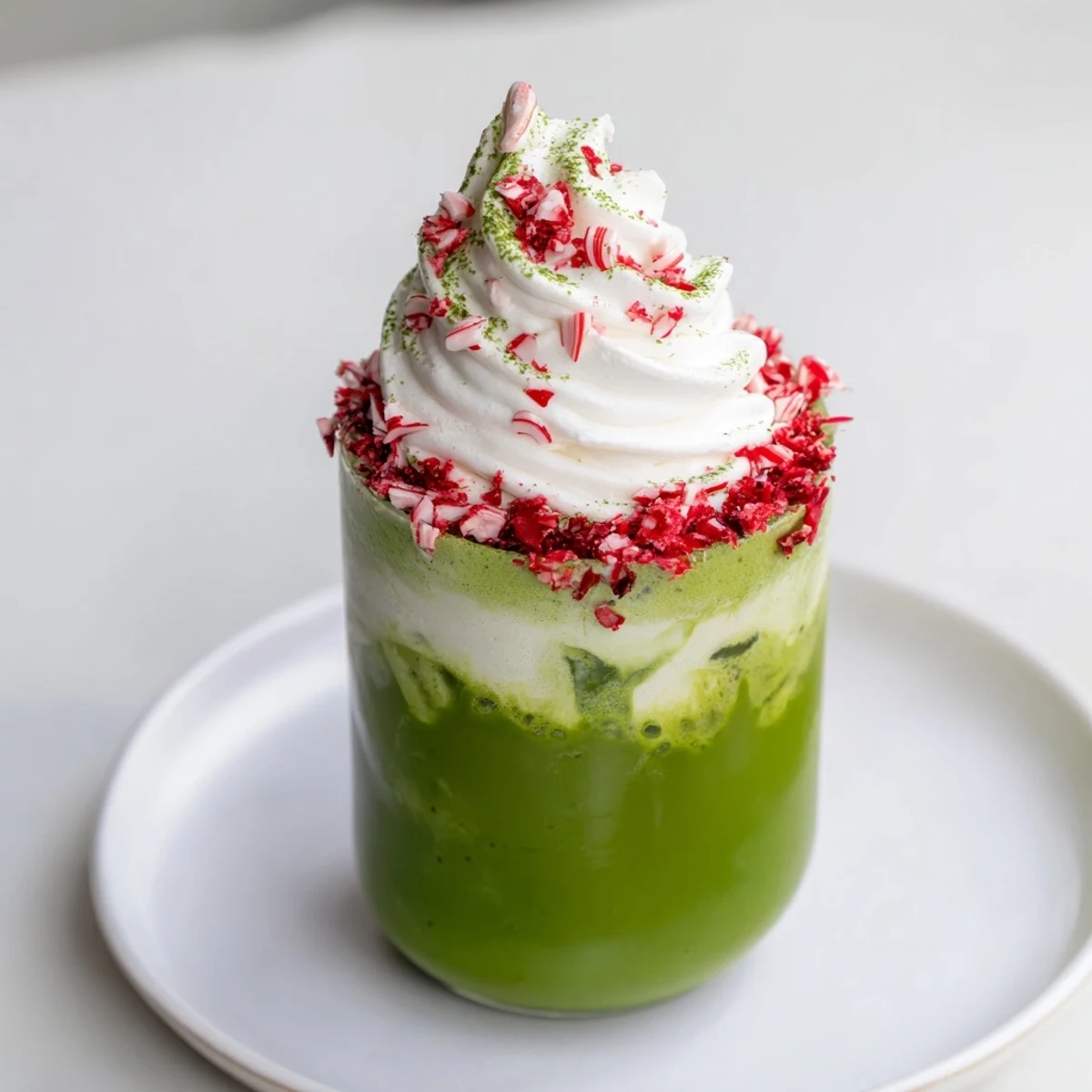 Creamy Sugar-Free White Chocolate Candy Cane Iced Matcha, layered with green matcha and whipped cream.