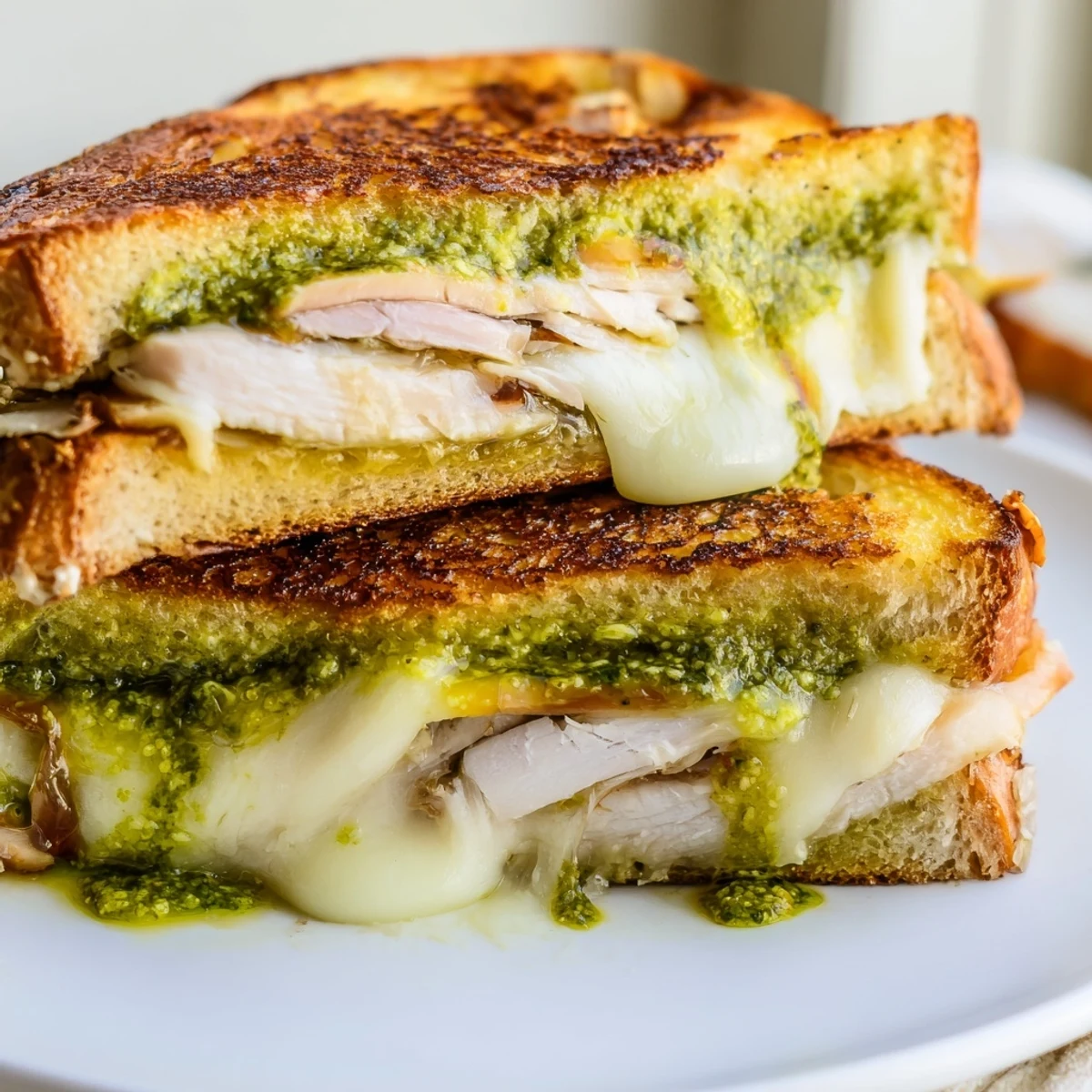 Golden, crispy Pesto Cranberry Turkey Grilled Cheese Melt with bubbling cheese oozing out.