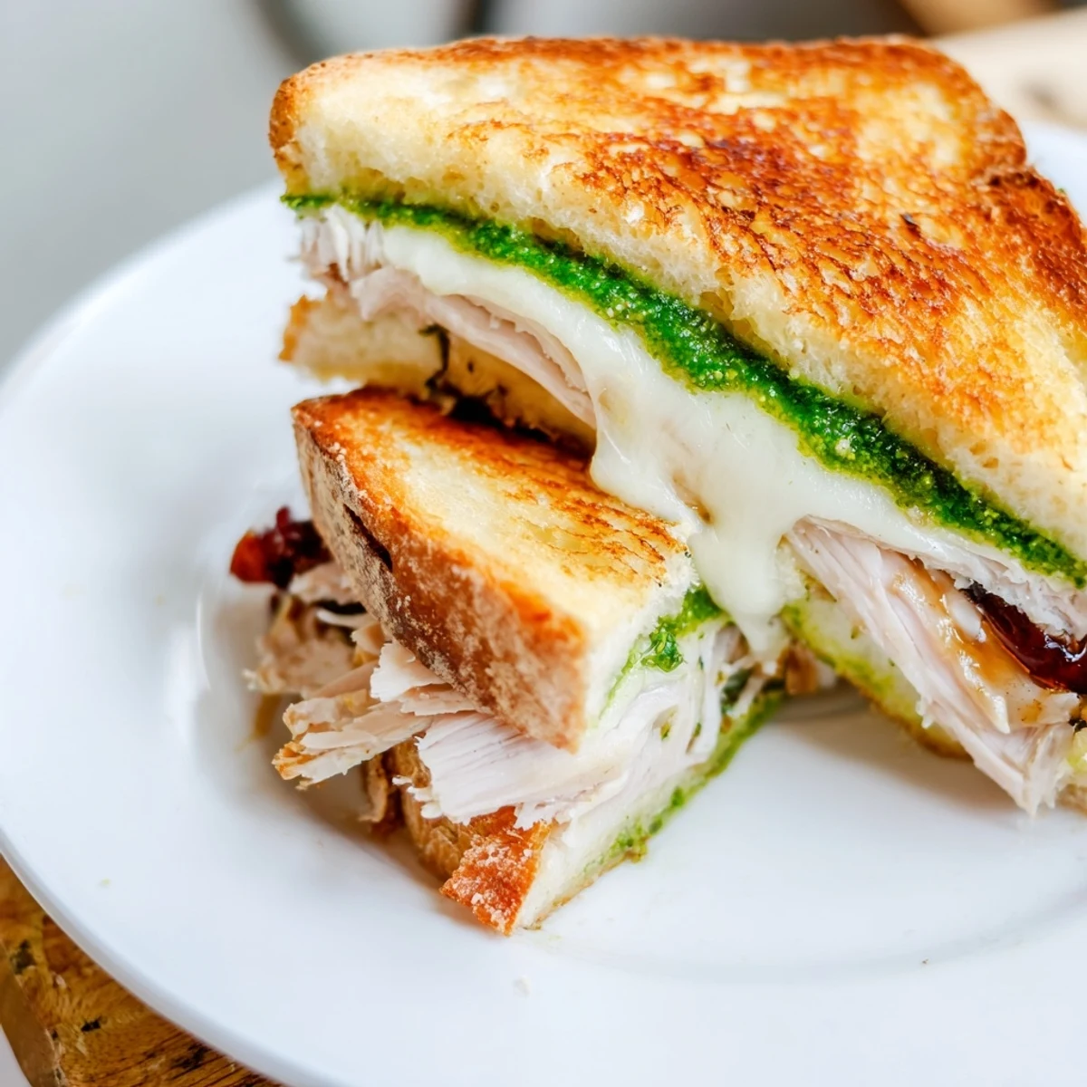 Savory Pesto Cranberry Turkey Grilled Cheese Melt, sliced and ready to savor this comforting lunch.