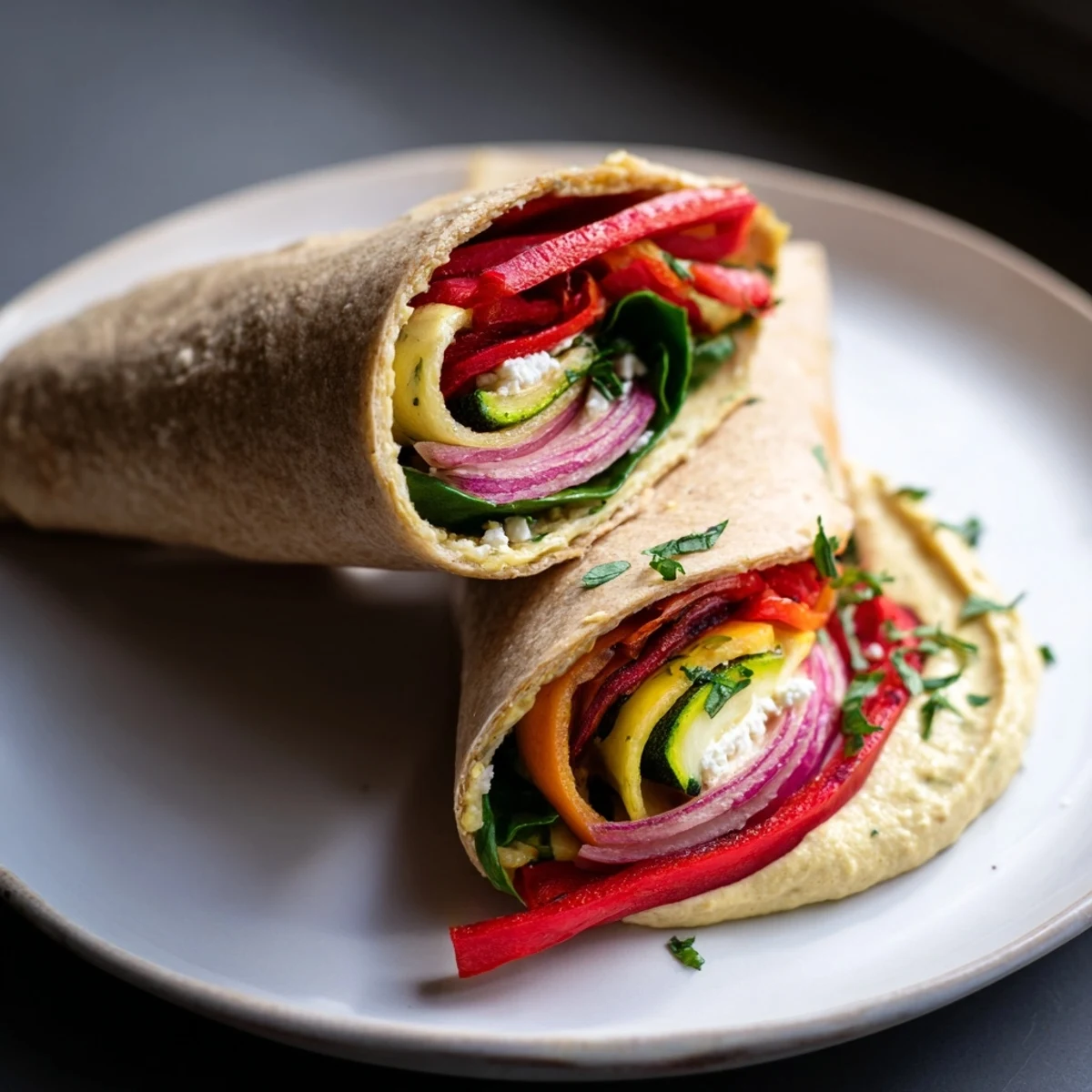 Snowflake Hummus & Roasted Veggie Wrap hack showcasing colorful roasted vegetables and creamy hummus inside.