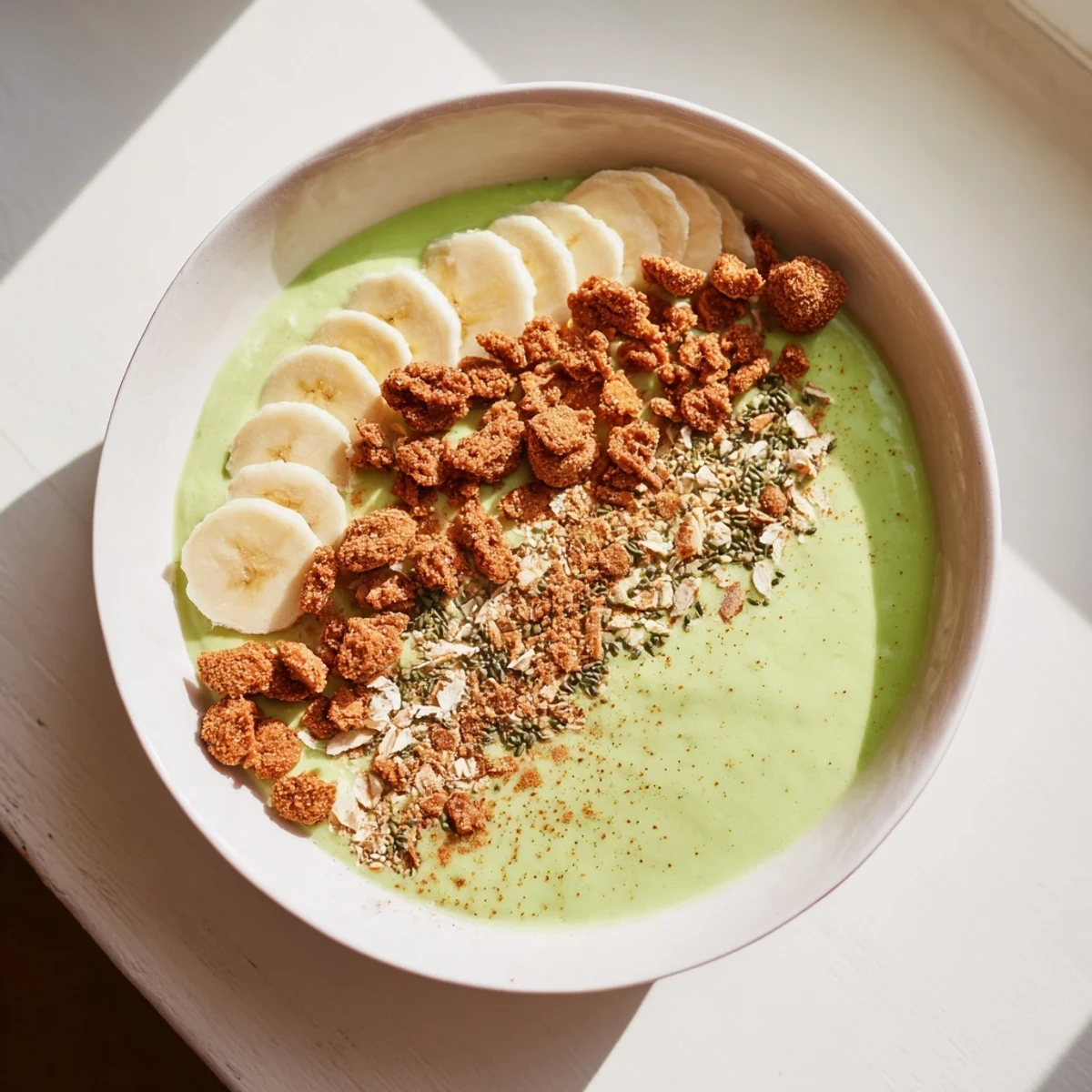 Creamy Gingerbread Cookie Matcha Breakfast Smoothie Bowl, topped with granola and fresh fruit, ready to enjoy.