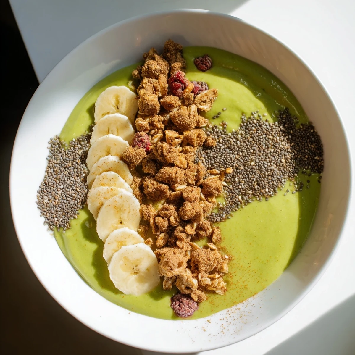 Vibrant green Matcha Breakfast Smoothie Bowl featuring gingerbread cookies and fresh fruit, a festive breakfast.