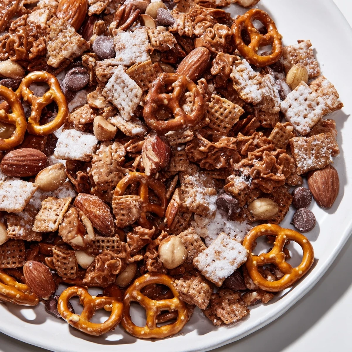 Golden brown Festive Pine Cone Snack Mix piled high and ready for snacking, sprinkled with snow.