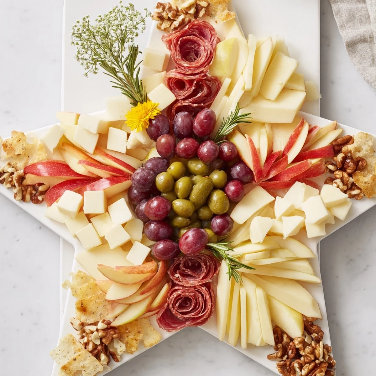 Star-Shaped Appetizer Board with vibrant fruits and cheeses, perfect for a holiday party spread.