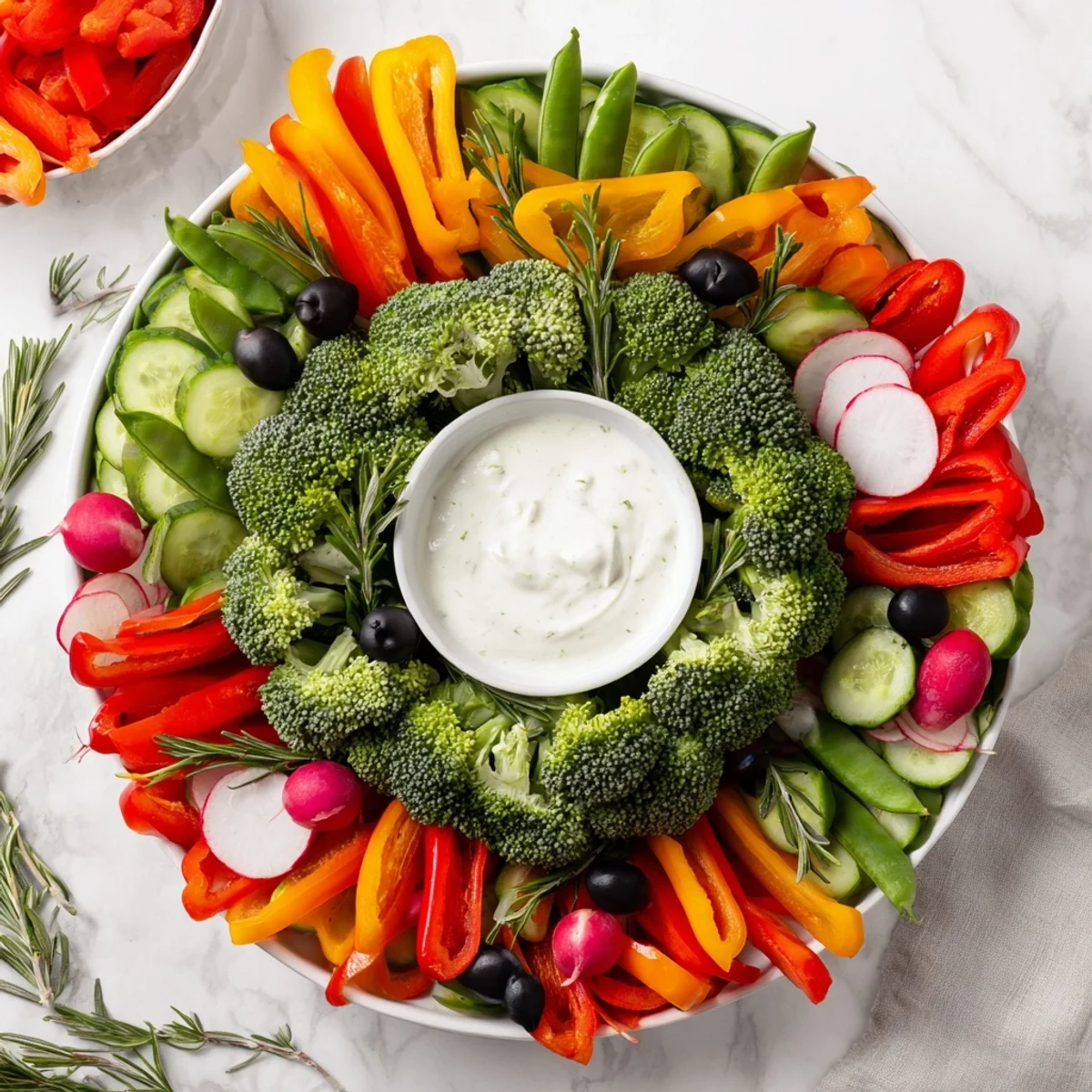 Vibrant Wreath Veggie Dip Platter featuring a colorful array of fresh, crisp vegetables with creamy ranch.