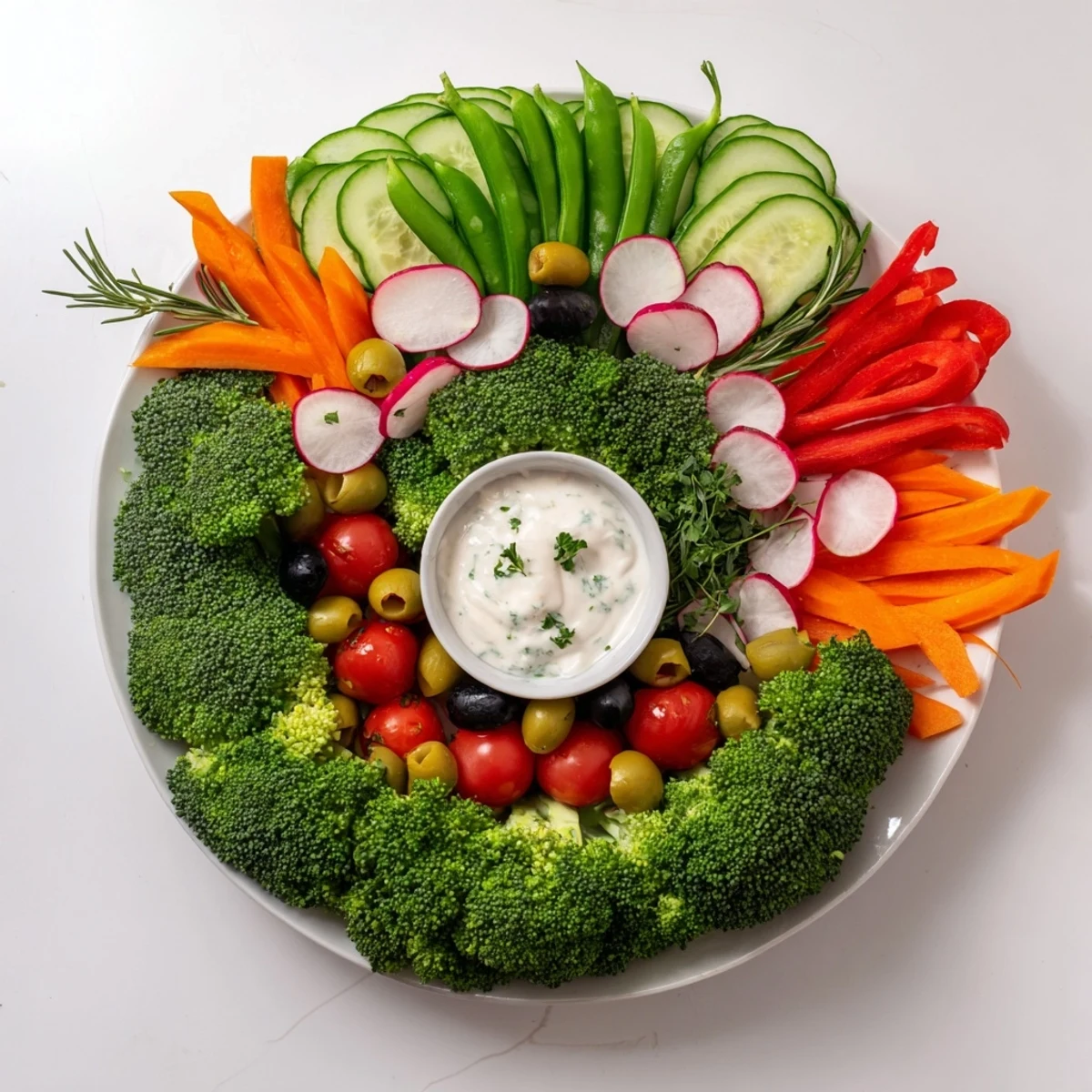 Picture a delicious Wreath Veggie Dip Platter, showcasing fresh vegetables encircling a creamy, flavorful dip in the center.