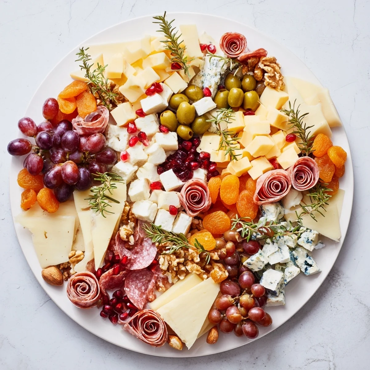 This inviting Holiday Wreath Cheese Platter presents a beautiful display with assorted cheeses, olives, and festive garnishes.