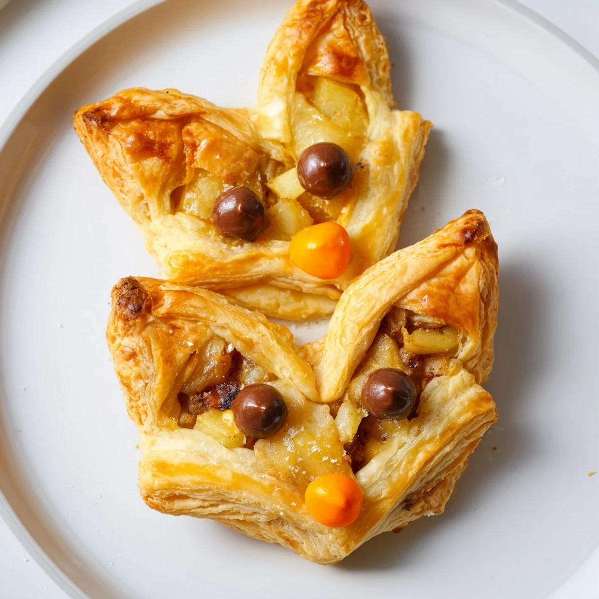 Flaky puff pastry Autumn Harvest Fox-Shaped Bites, with chocolate chip eyes and candy noses, perfect for a treat.