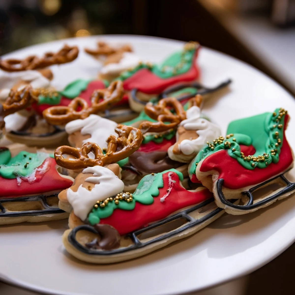 Festive Santa's Sleigh Cookie Display with colorful icing, edible sprinkles, and mini candy canes.