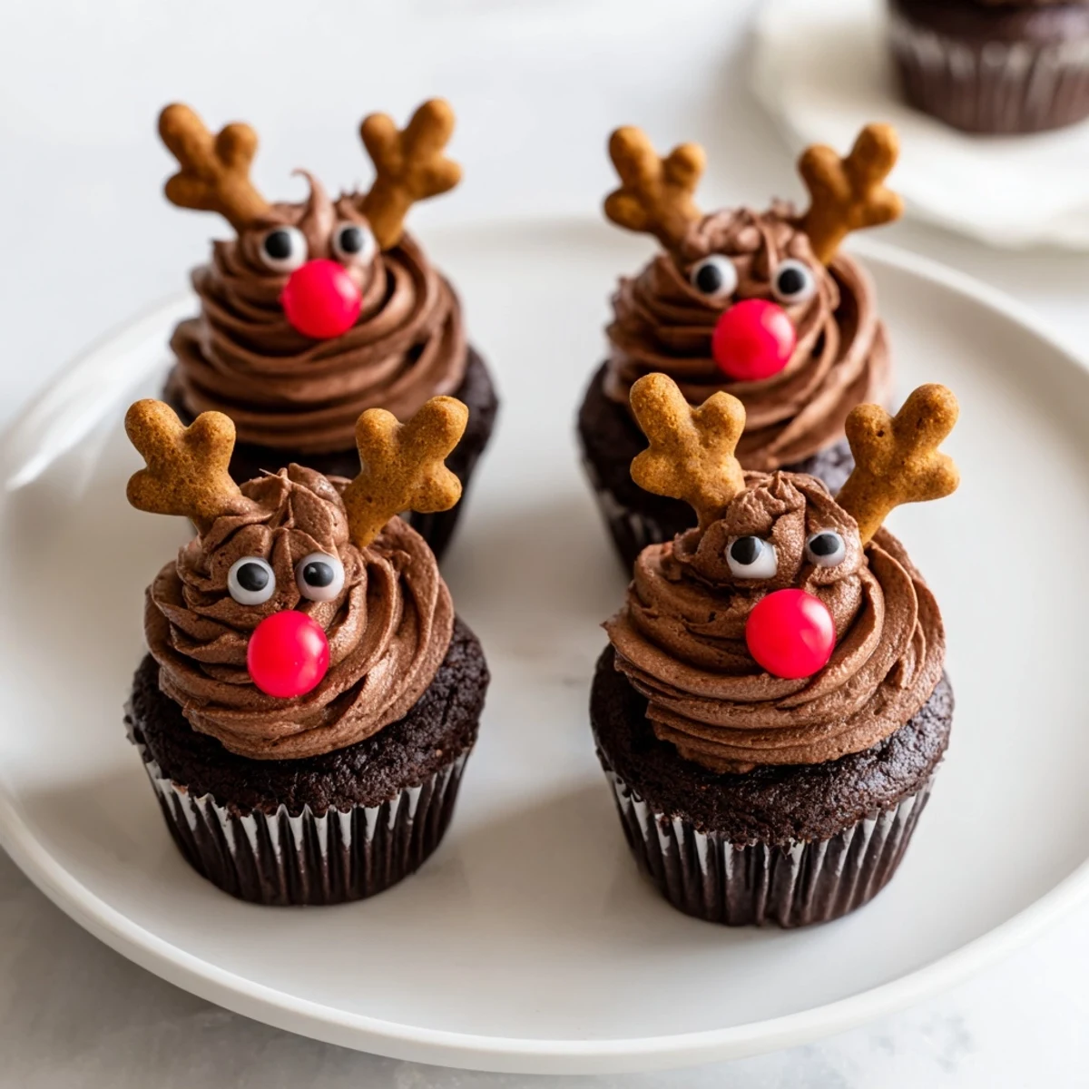 Enjoy a close-up of the delicious reindeer holiday dessert platter with chocolate frosting and sweet cranberry mousse.