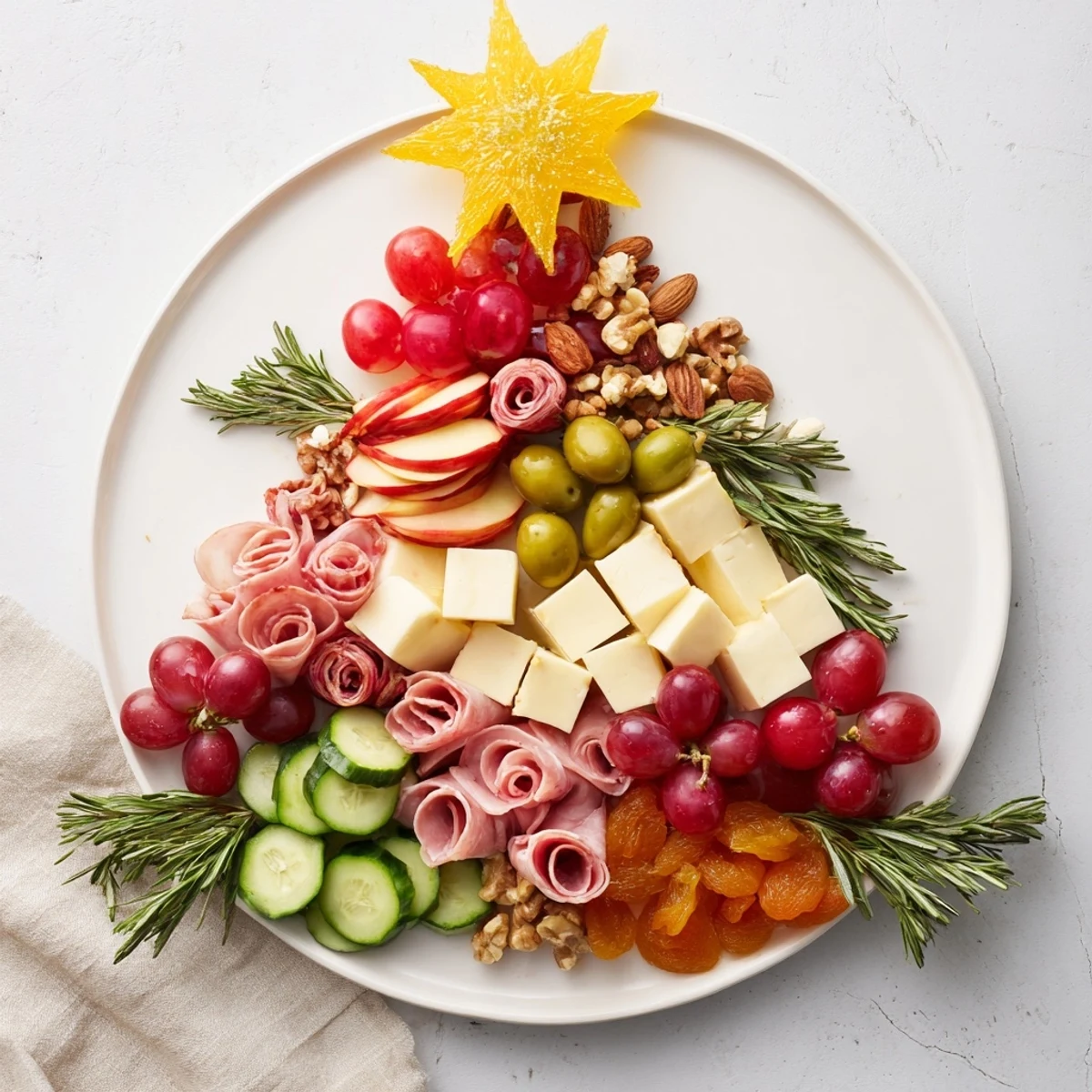 Delectable Festive Holiday Tree Appetizer Platter: cheese, charcuterie, and fresh fruit holiday display.