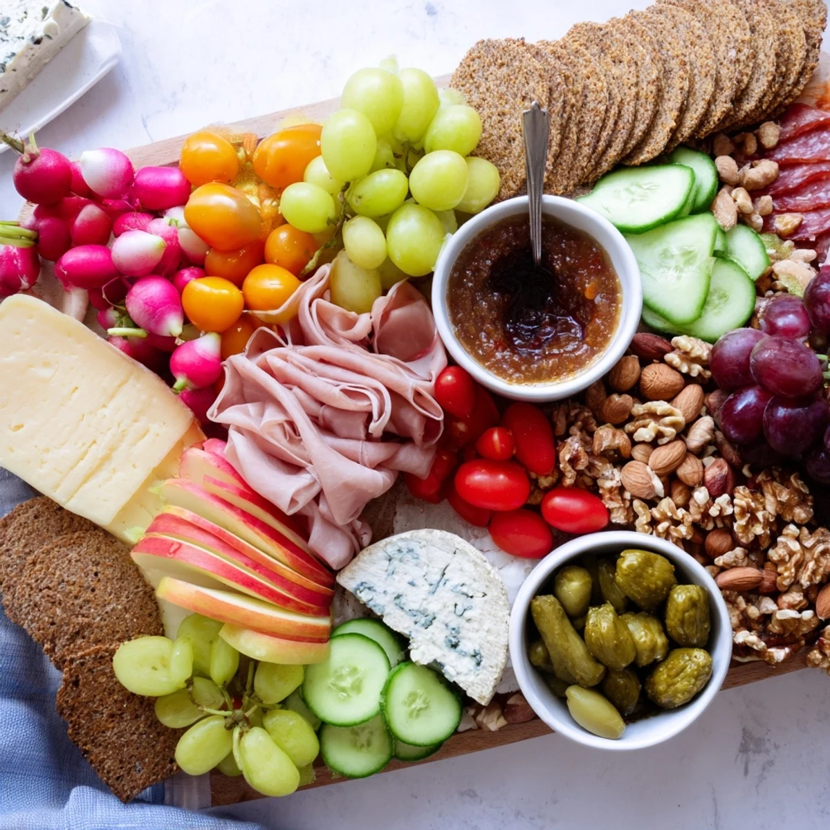 A visually stunning Cheval Heureux Snack Board with colorful produce and an assortment of cheeses.