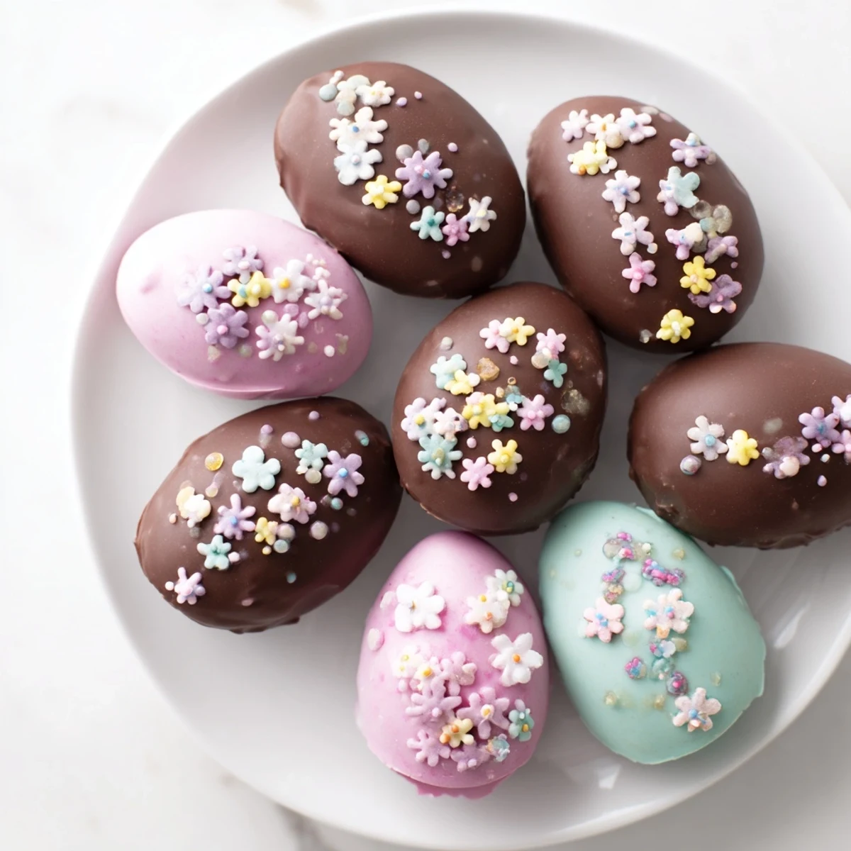 Homemade Easter candy eggs, glistening with a chocolate coating and ready for a festive dessert.