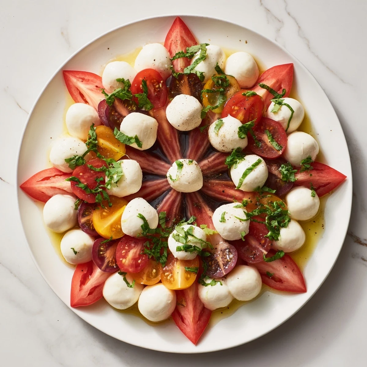 Starfish Caprese Salad: Vibrant red tomatoes and creamy mozzarella arranged beautifully, ready to enjoy.