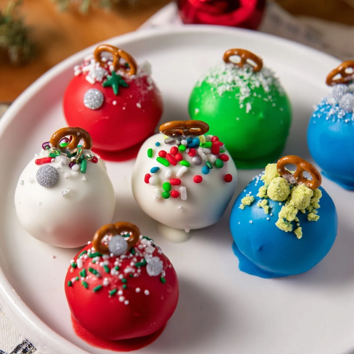 Colorful Ornament Ball Cake Pops arranged for a fun holiday dessert display, ready for eating.