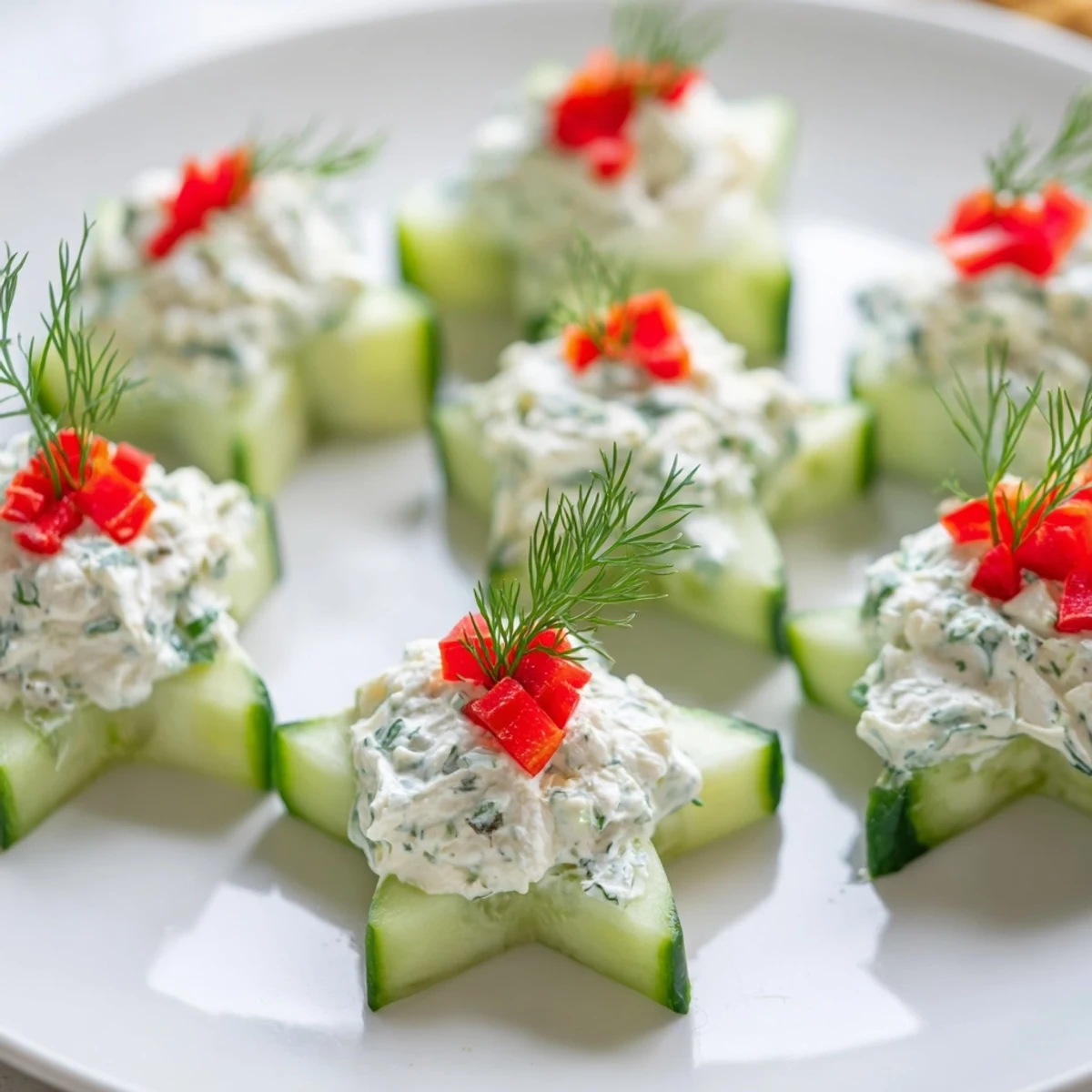 Crisp cucumber and dill Christmas stars, a festive appetizer loaded with creamy cheese.