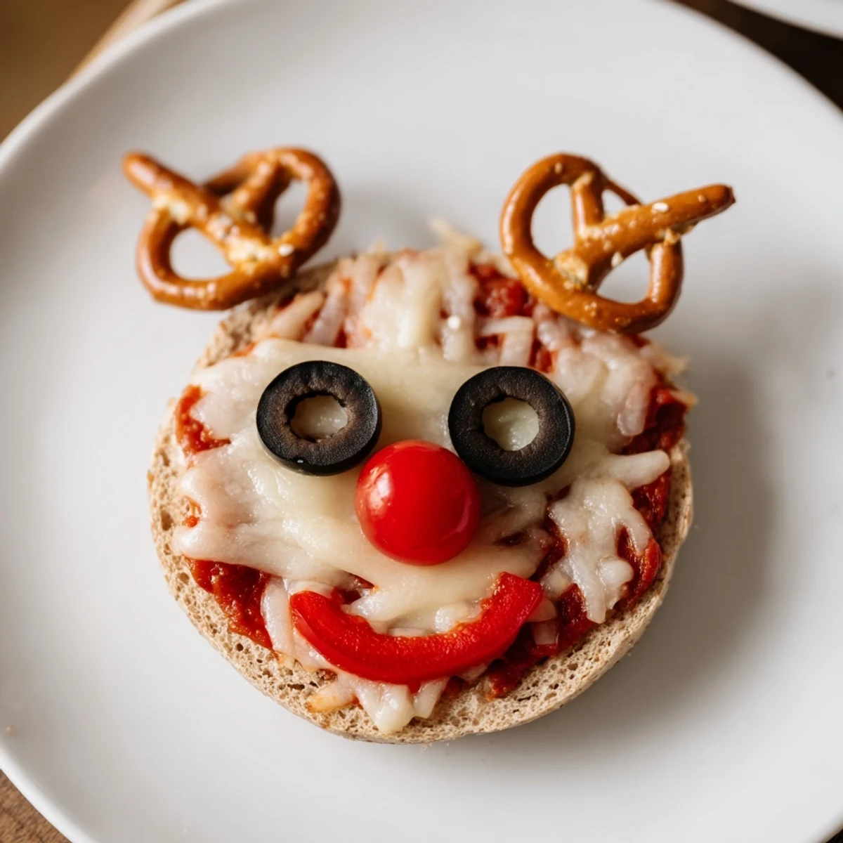 Warm, melted cheese covers a delicious Reindeer Face Pizza Bagels with bright red noses and pepppers.