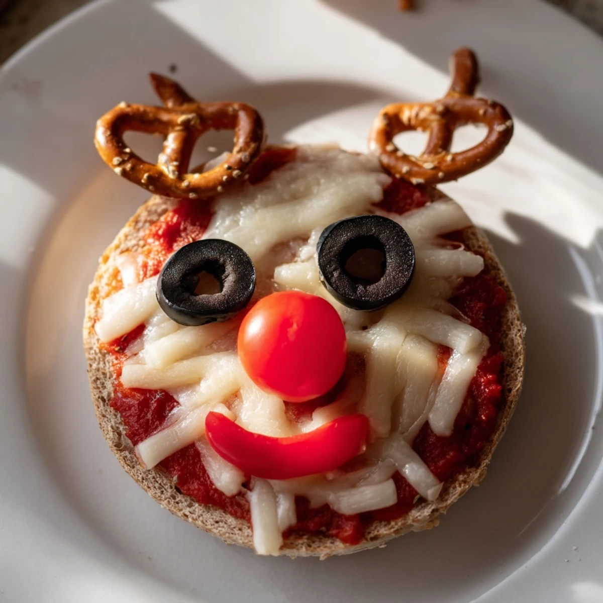 A baked Reindeer Face Pizza Bagels photo: cheesy and festive with pretzel antlers and olives.