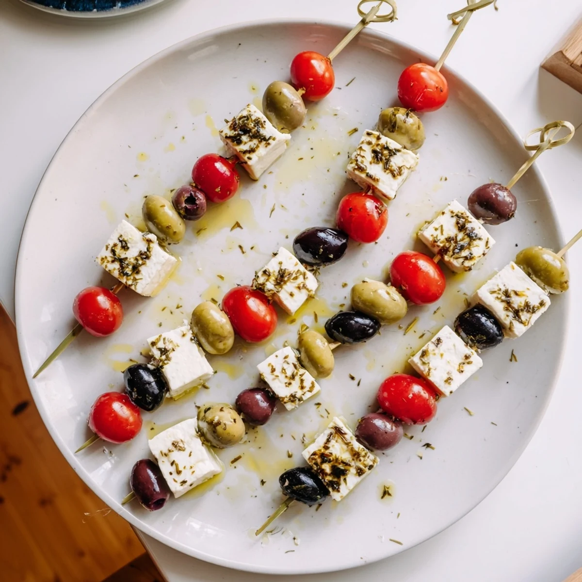 Festive Holiday Cheers Olive and Feta Skewers, a colorful appetizer, ready to serve with olives and cheese.