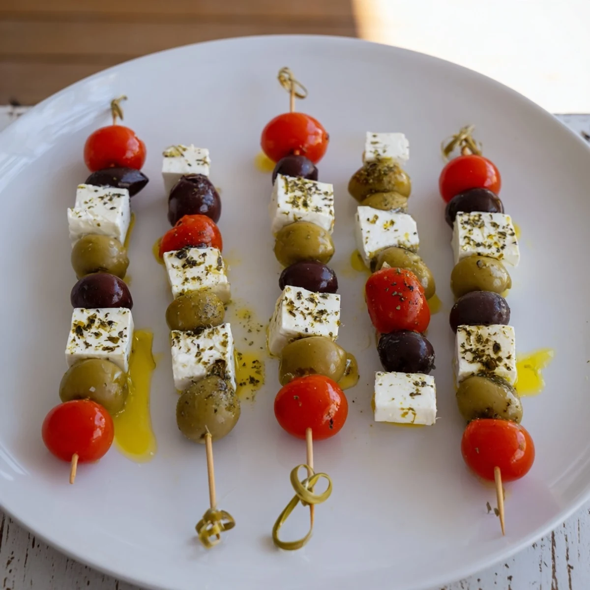 Mediterranean Holiday Cheers Olive and Feta Skewers: easy party food, with juicy tomatoes and flavorful feta cheese.