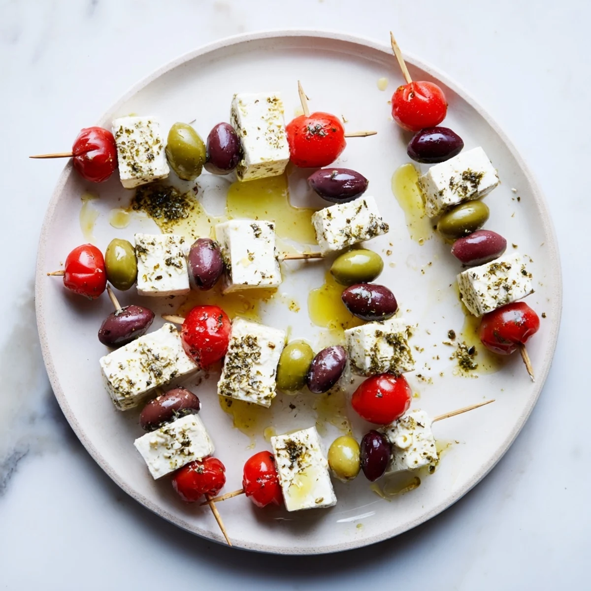 Close-up of delicious Holiday Cheers Olive and Feta Skewers, showcasing fresh toppings & a beautiful holiday presentation.