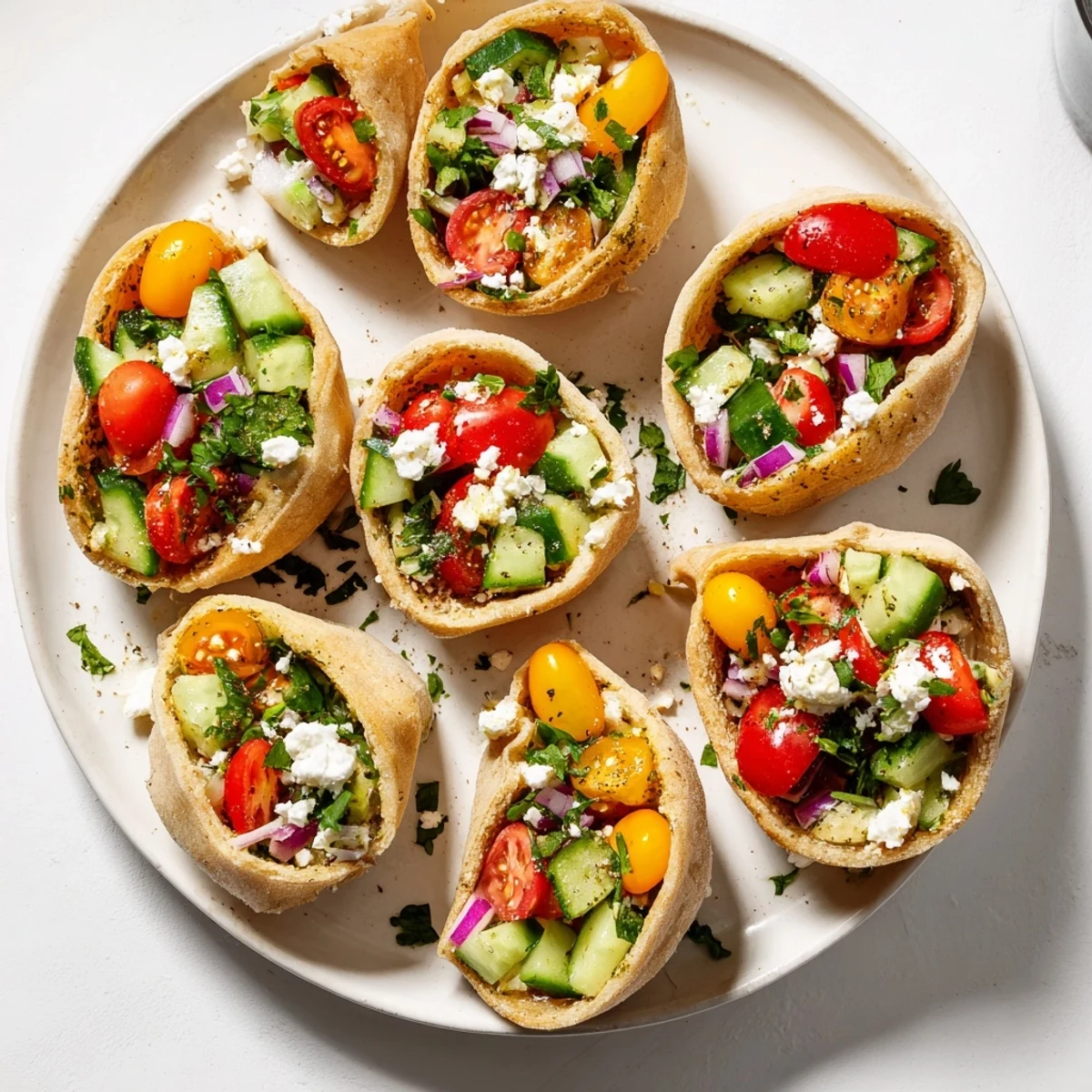 A Mediterranean spread: Warm mini pita pockets with fresh hummus and vibrant vegetable toppings.
