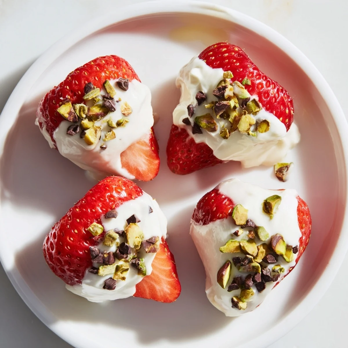 A close-up of Yogurt Dipped Strawberries with a drizzle of yogurt and chocolate chips; so refreshing!