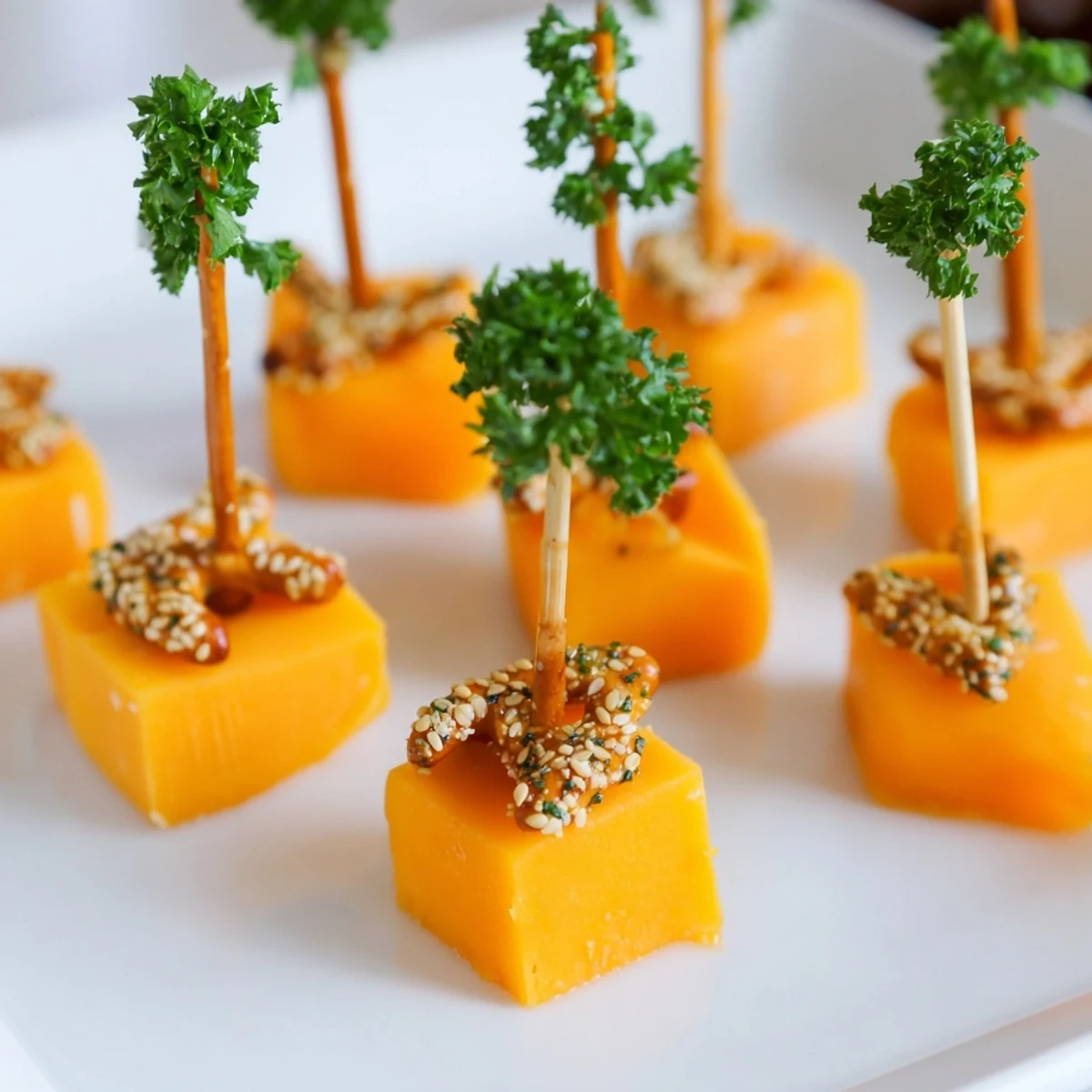 Close-up of cheddar cubes and pretzel stick sparklers, a perfect cheesy appetizer for New Year's!