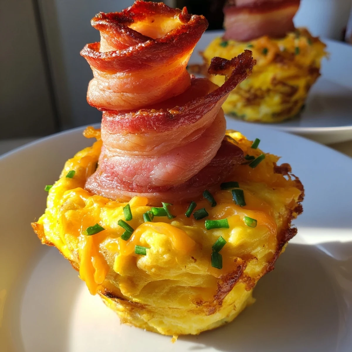 A close-up of fully cooked Scrambled Egg Cups, served hot with a crispy bacon garnish.