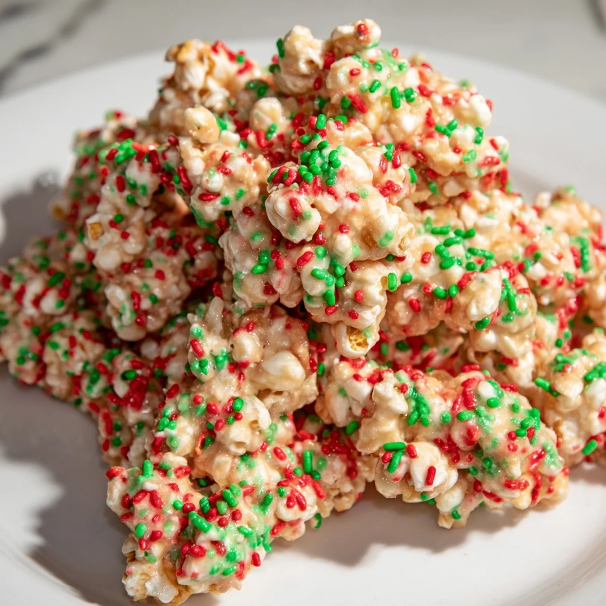Sweet and colorful presentation of Popcorn Piles with vibrant red and green sprinkles for any party occasion.