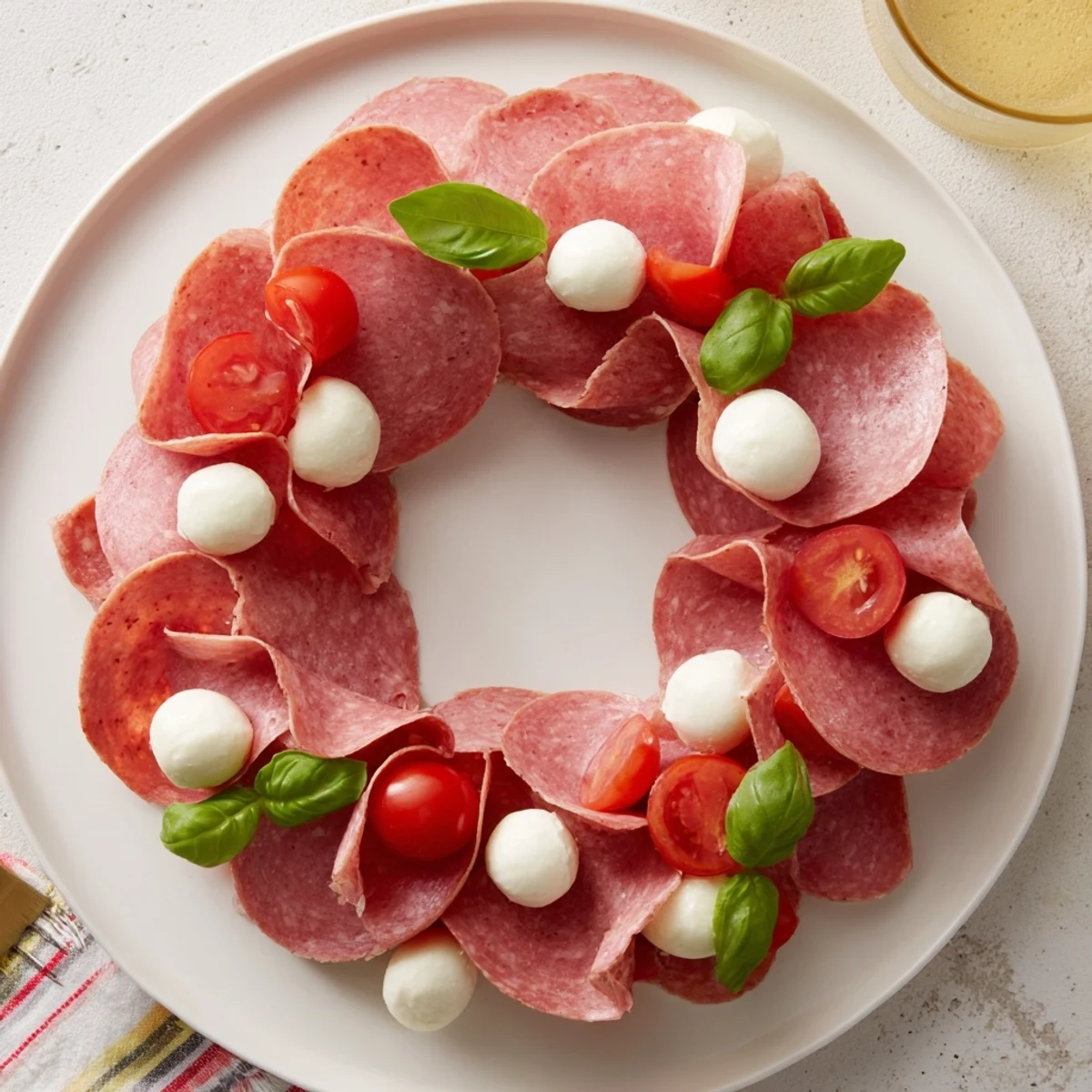 Vibrant image shows a beautifully arranged folded salami wreath, a quick appetizer ready in minutes.