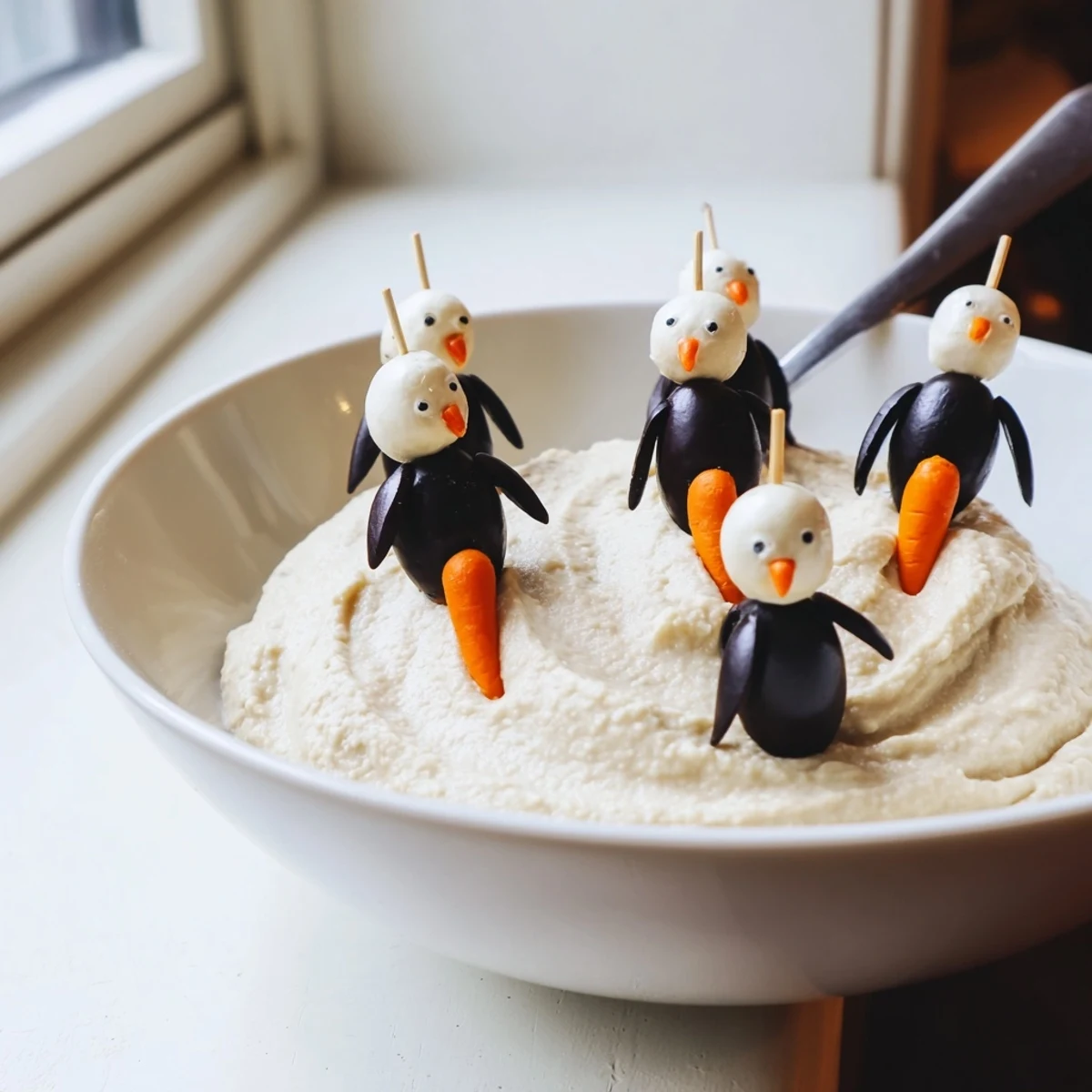 Festive Winter Dip: creamy white bean dip topped with adorable olive penguin decorations, ready to serve.